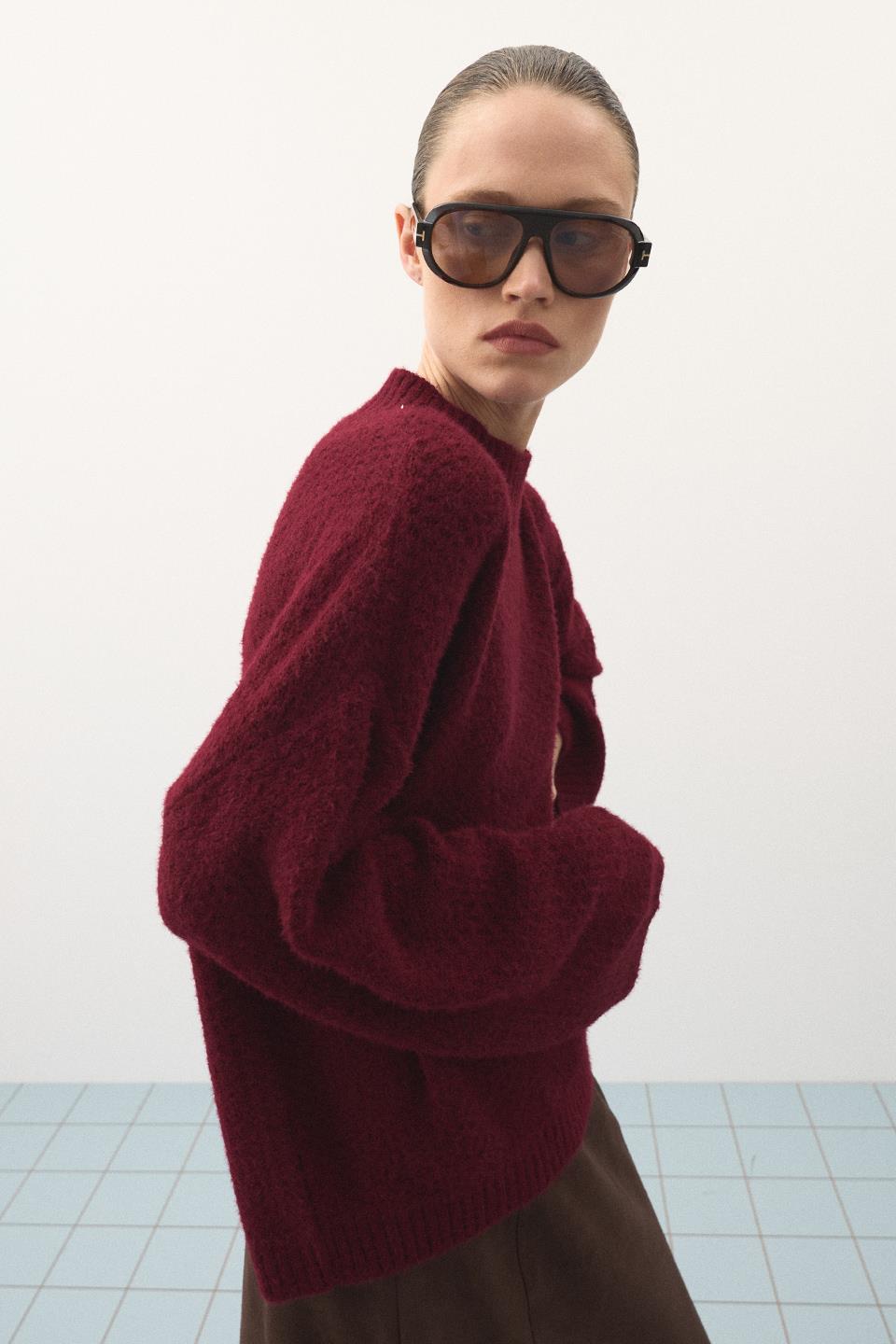 Oversize Örgü Kazak Bordo