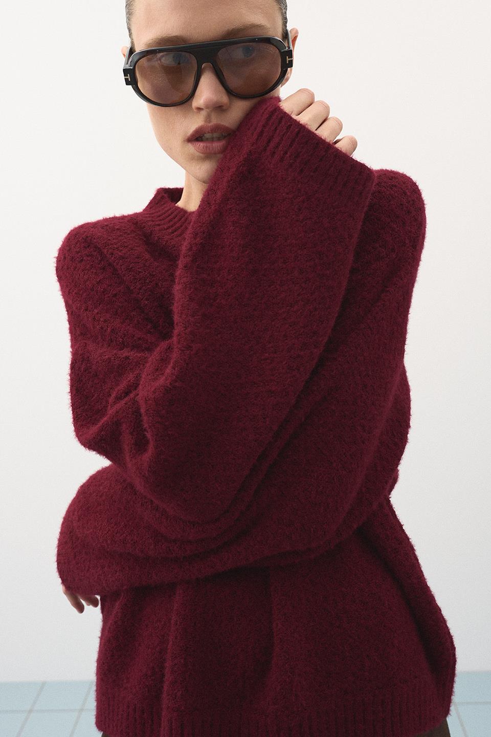 Oversize Örgü Kazak Bordo