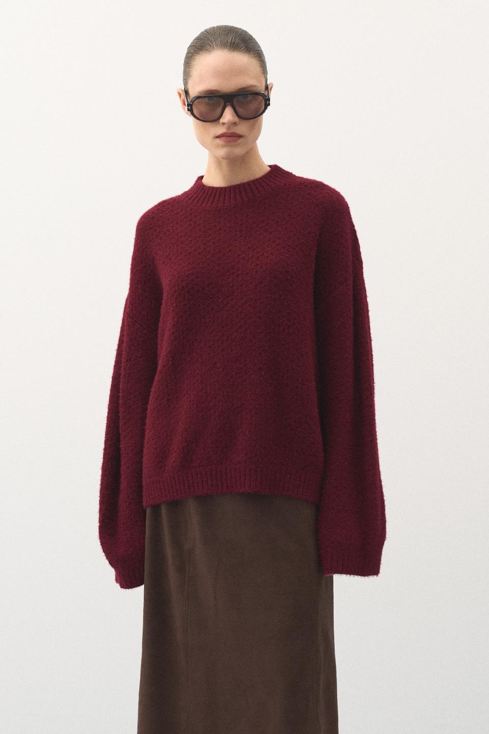 Oversize Örgü Kazak Bordo