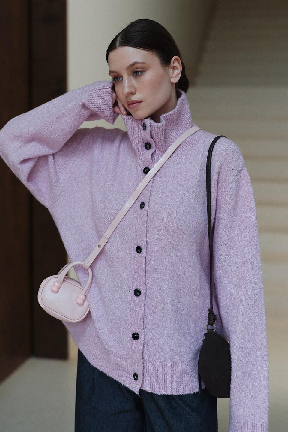 Pembe Ava Dik Yaka Triko Hırka