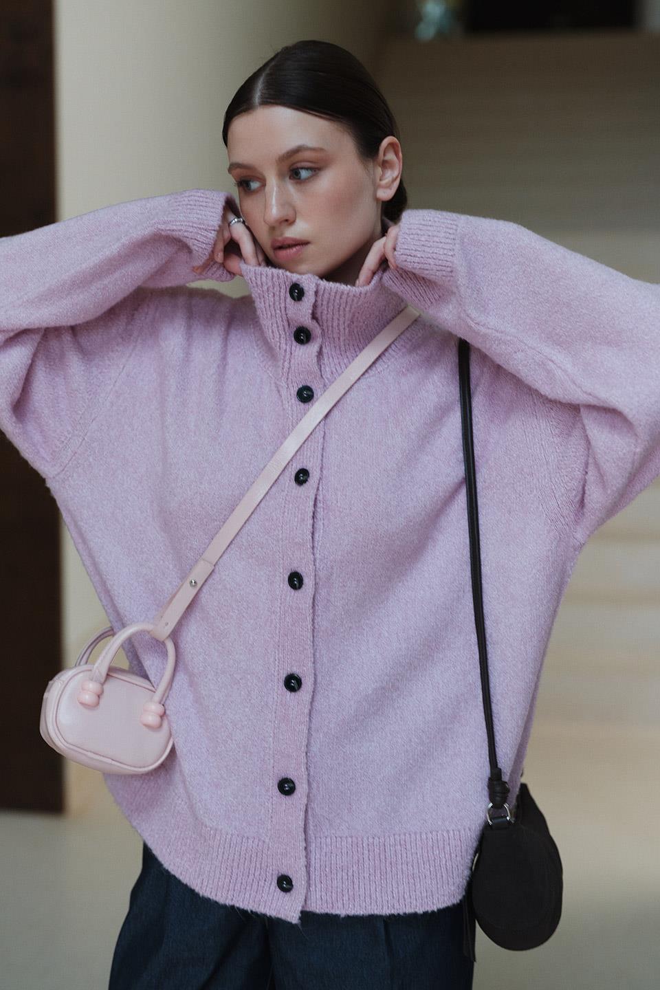 Pembe Ava Dik Yaka Triko Hırka