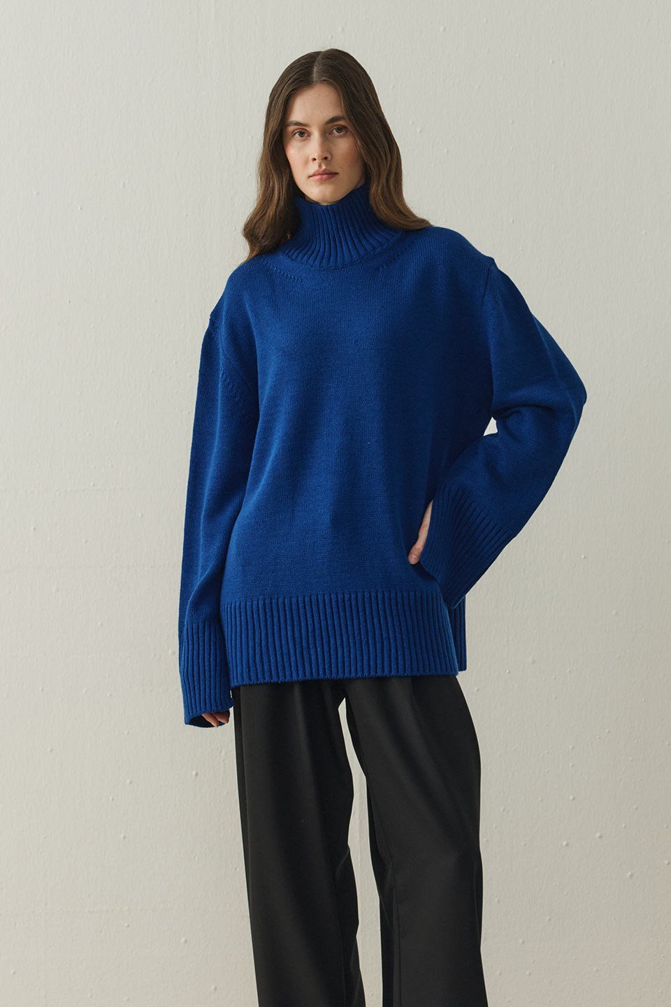 Saks Mavi Arden Oversize Boğazlı Triko Kazak