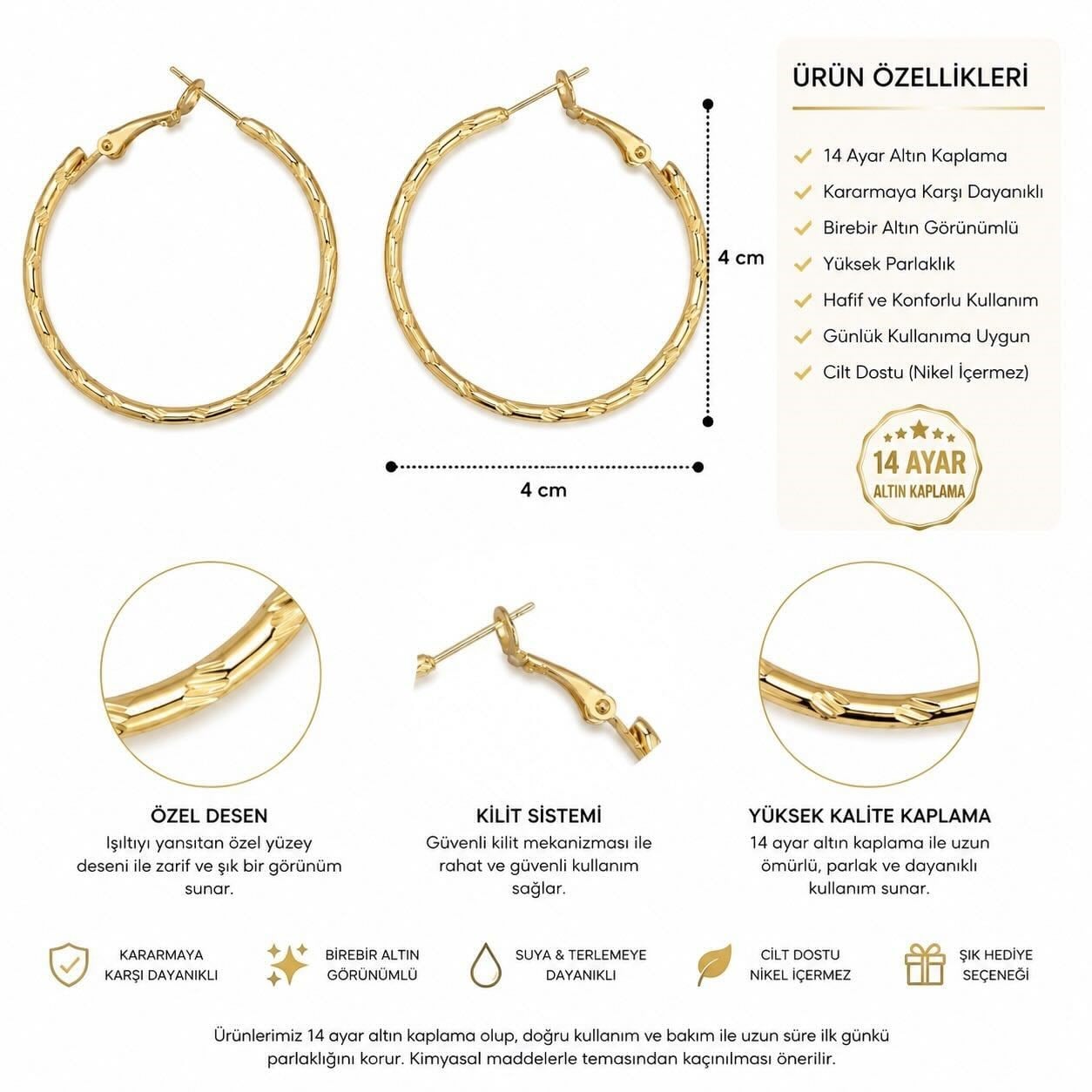 14k Altın Kaplama Halka Küpe - 4 cm