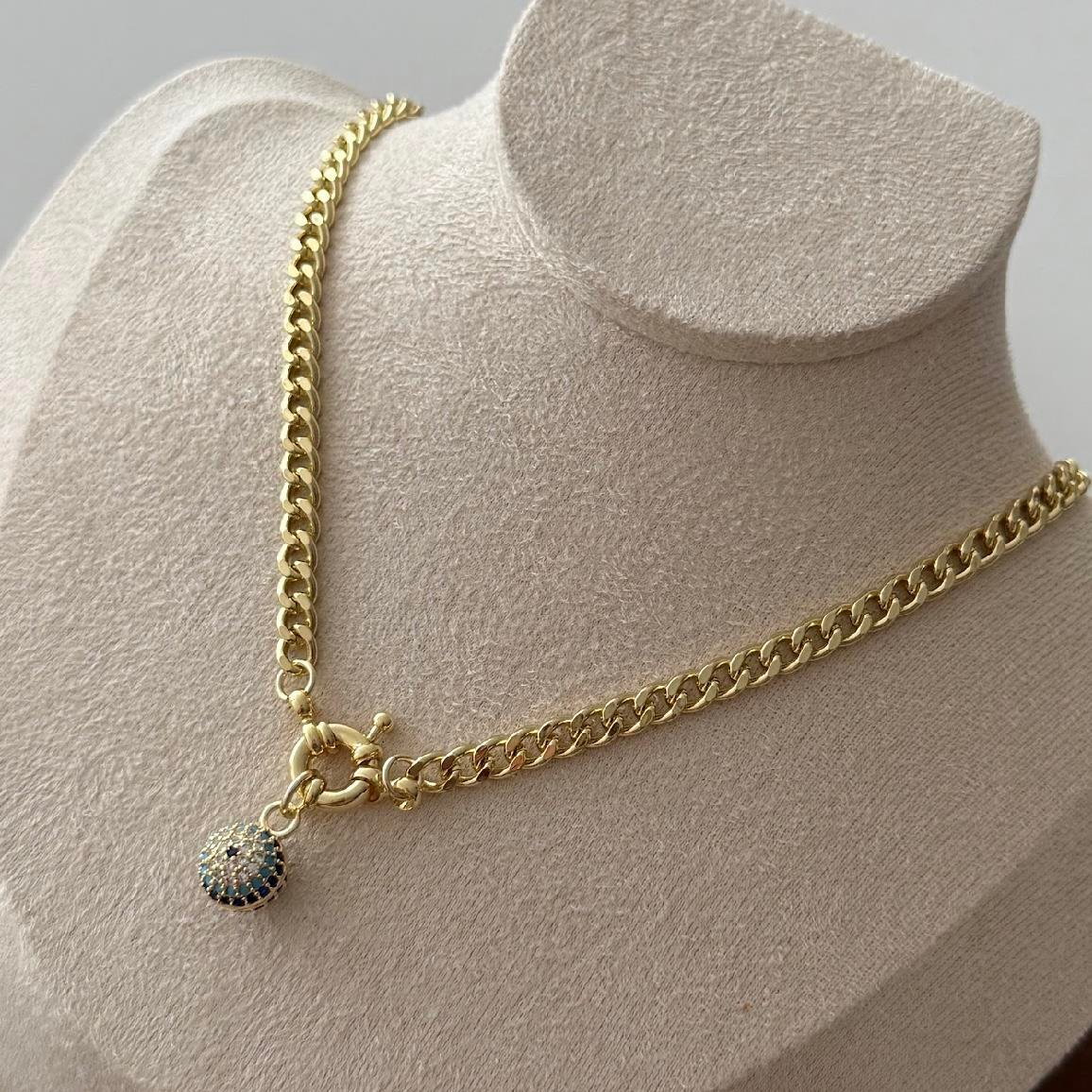 14k Gold Gemici Kilit Nazar Boncuklu Gurmet Zincir Kolye