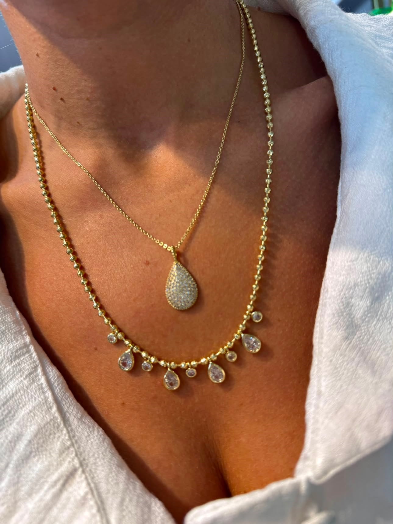 14k Gold Taşlı Damla Kolye (45cm)