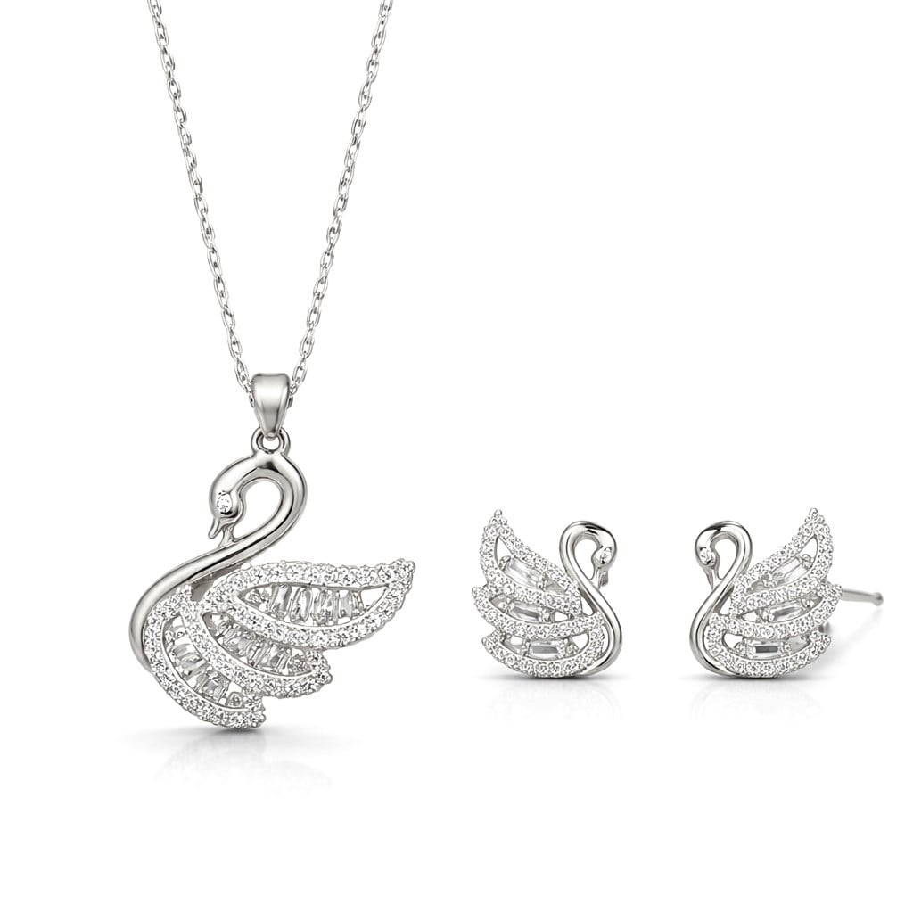 14K White Gold Kuğu Kolye Küpe Seti
