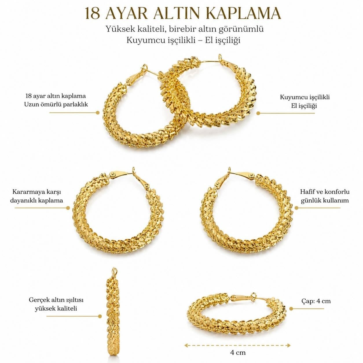 18 Ayar Altın Kaplama Başak Işıltısı Halka Küpe