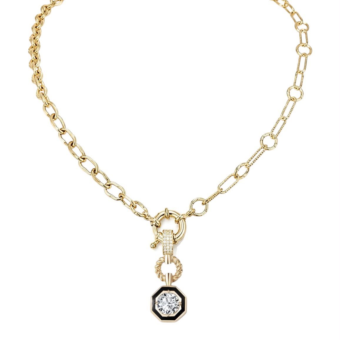 Lacivert Taş Detaylı Kilit Form Gold Kolye - 45 cm