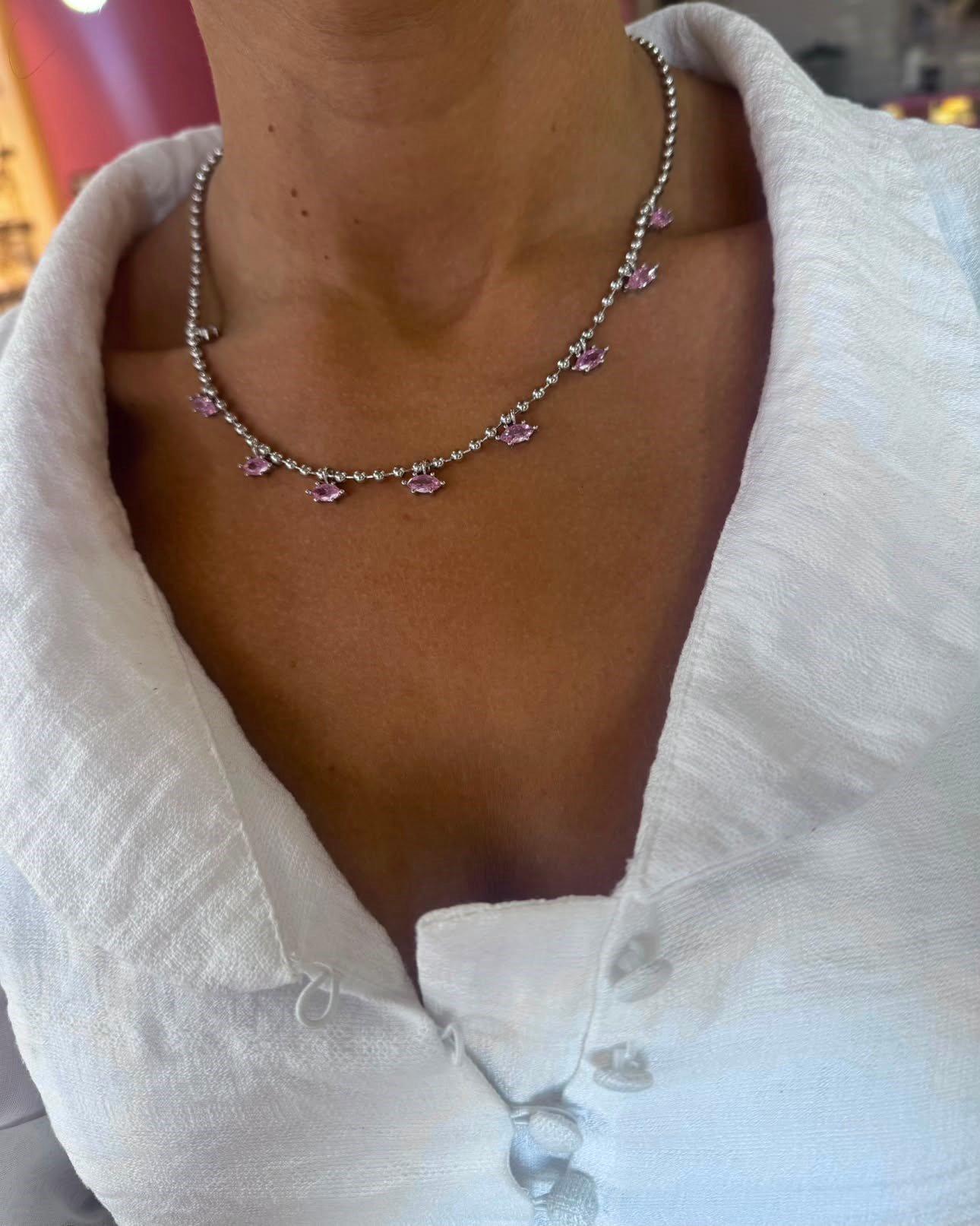 Marquise Drops Pink Kolye  (46+5cm)
