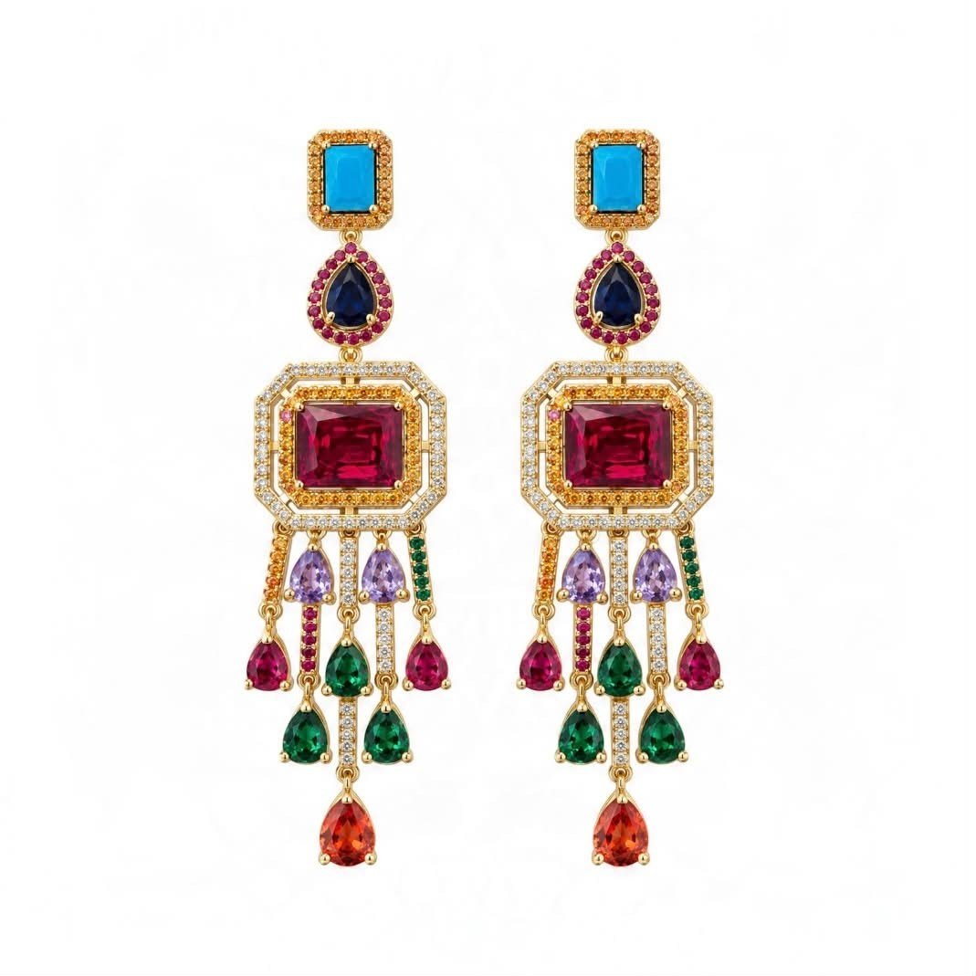 Nesly Özel Koleksiyon – İhtişamlı Multicolor Taşlı Sallantılı Küpe