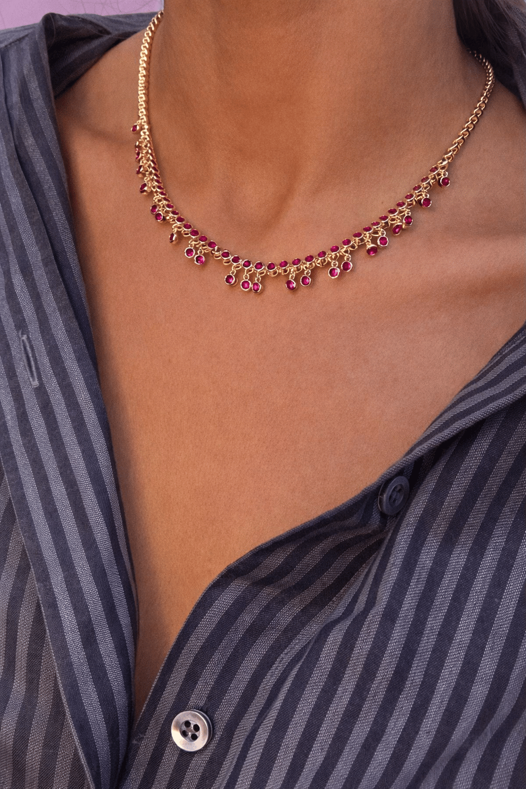 Ruby Drape Işıltılı Sallantılı Gold Kolye