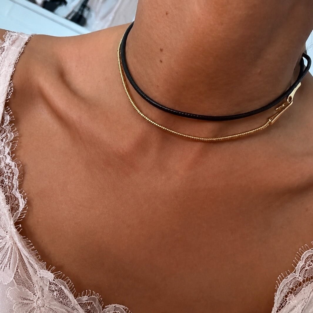 Siyah Deri Gold Zincir Choker