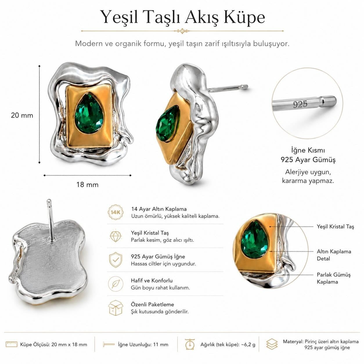 Yeşil Taşlı Akış Form Küpe