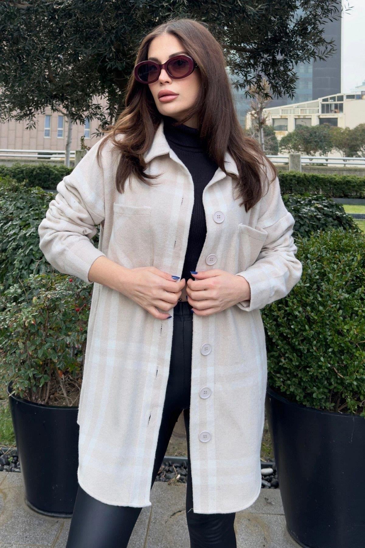 Kadın Bej Ekose Gömlek - 700-3539