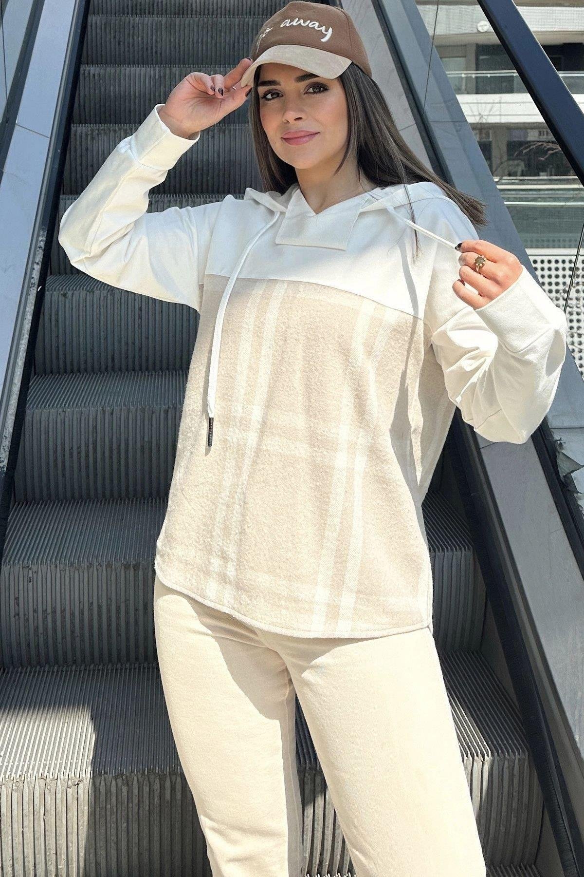 Kadın Bej Ekose Sweatshirt - 700-3565