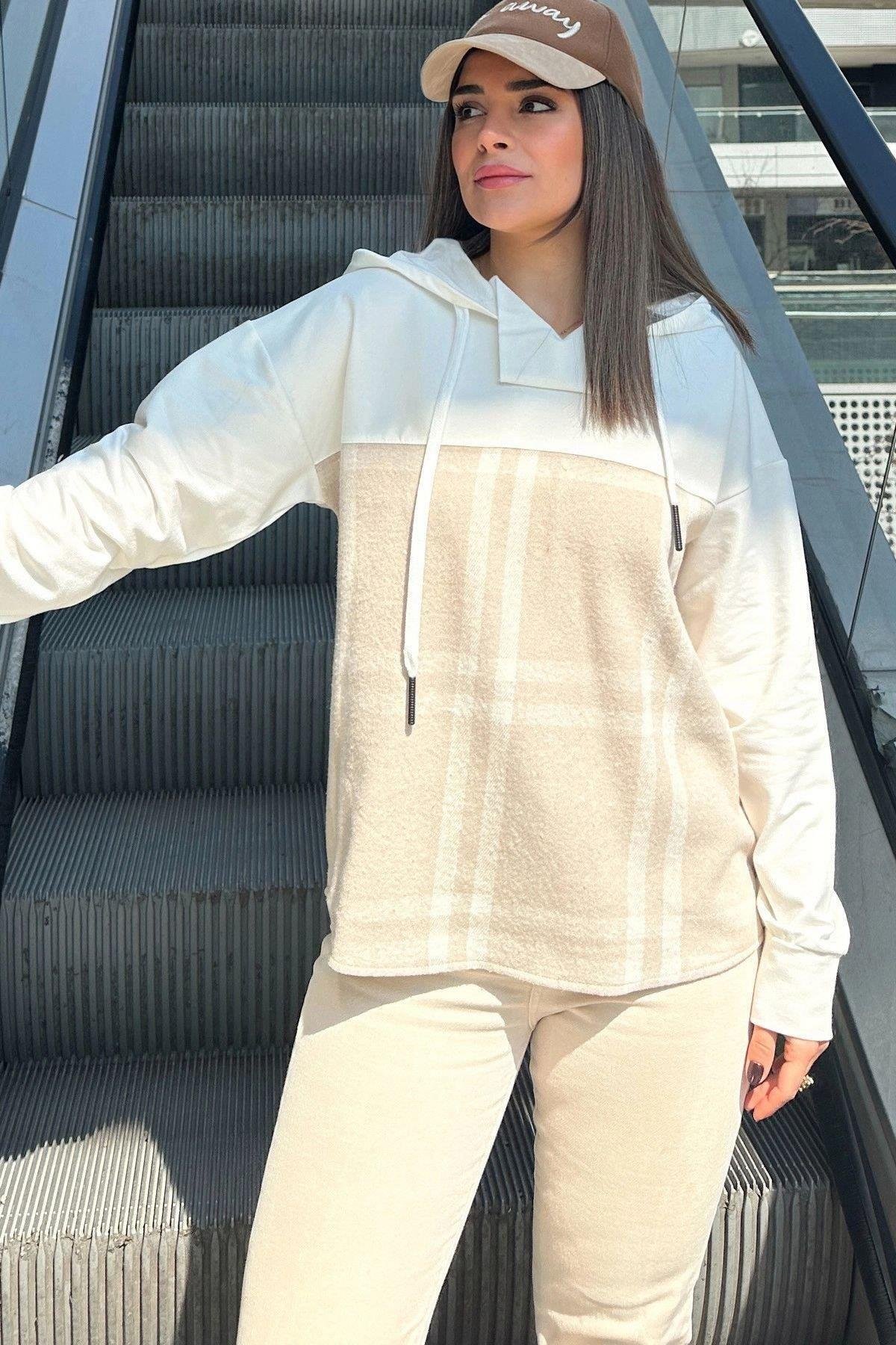 Kadın Bej Ekose Sweatshirt - 700-3565