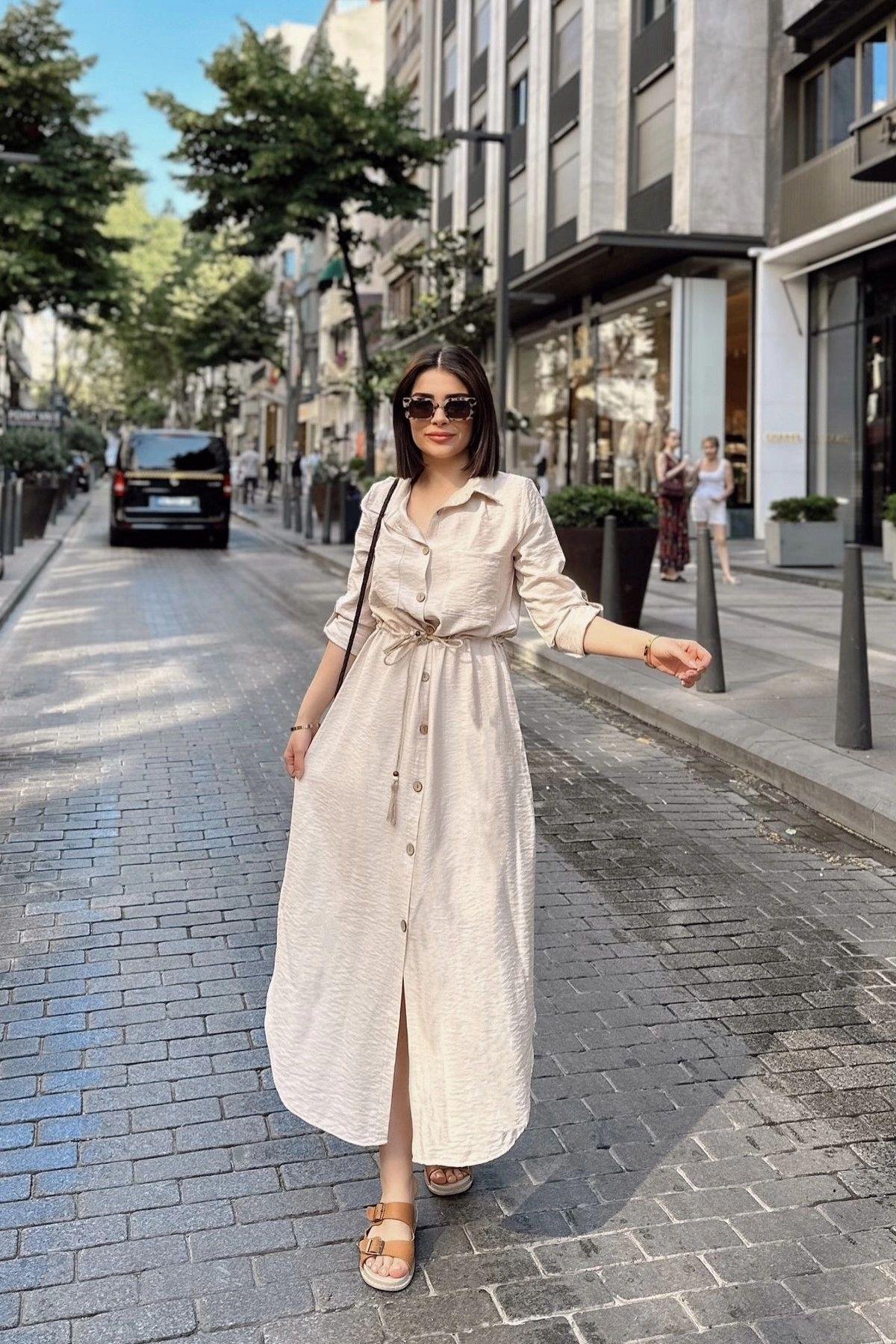 Kadın Bej Hasır Kemer Detaylı Uzun Keten Gömlek Elbise- 700-2837