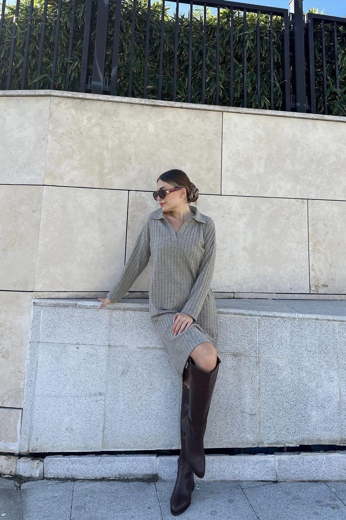 Kadın Bej Midi Elbise - 700-2988