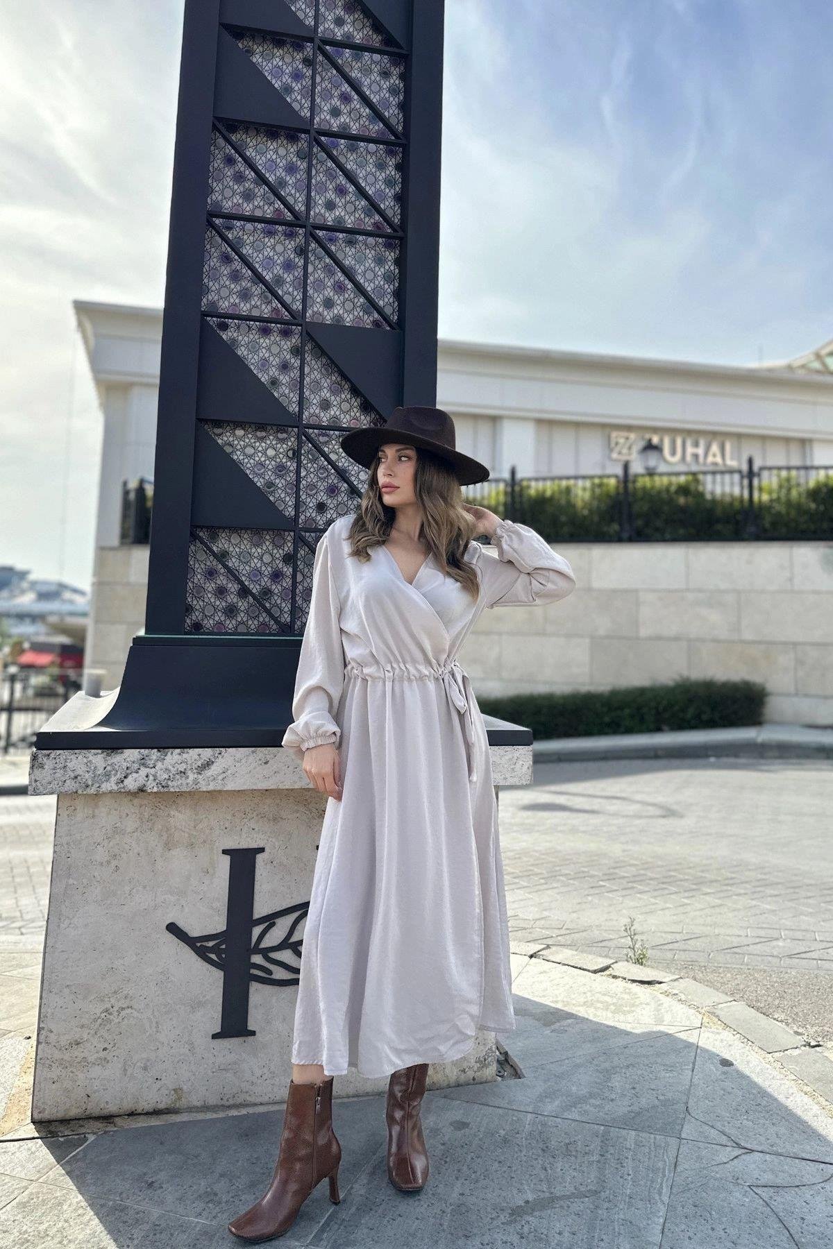 Kadın Bej Uzun Elbise - 700-3431