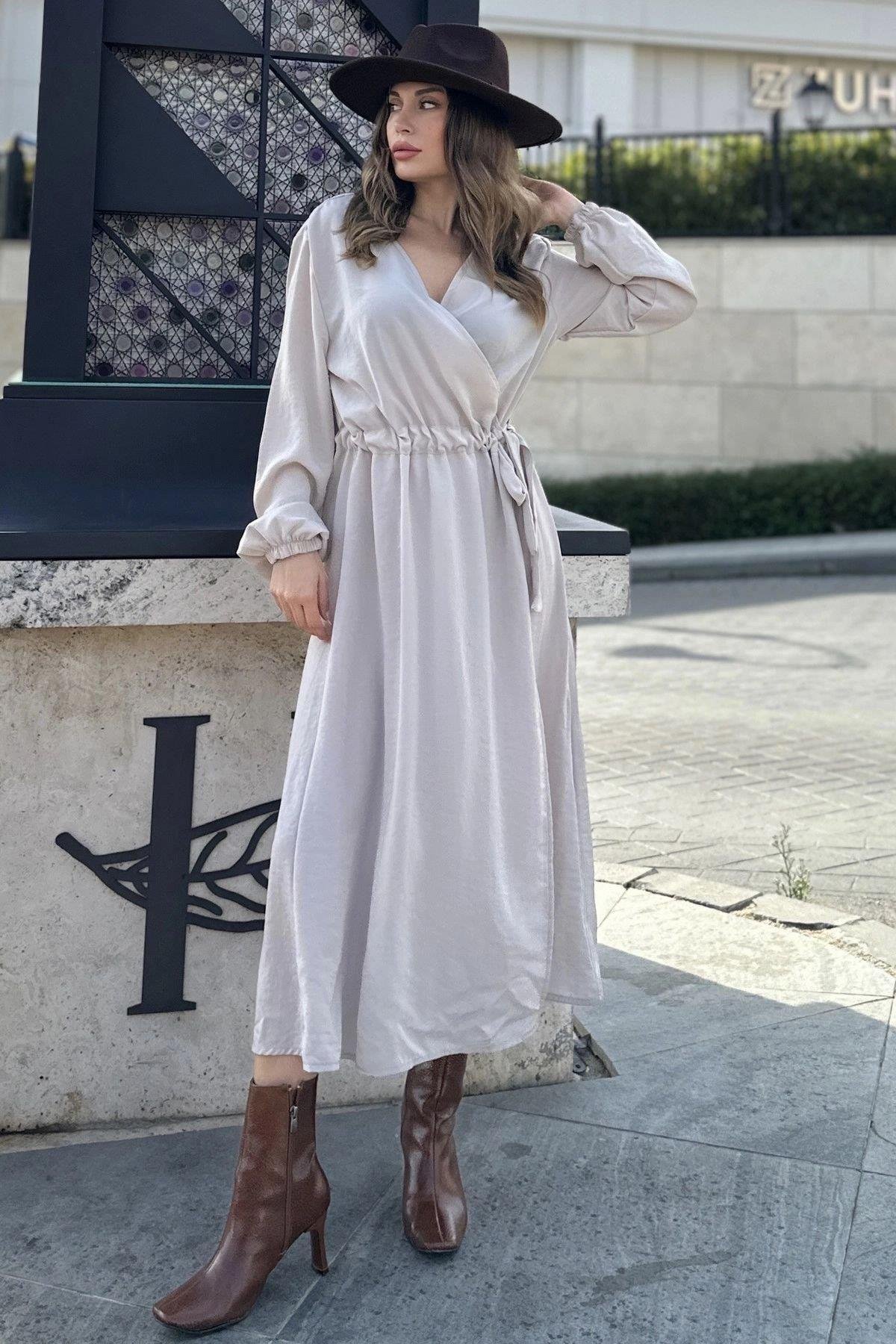 Kadın Bej Uzun Elbise - 700-3431