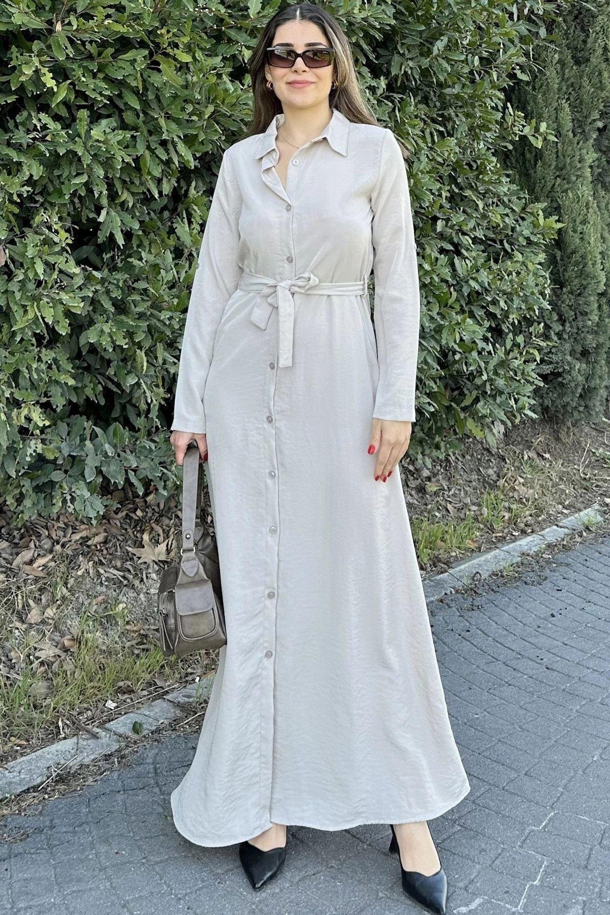 Kadın Bej Uzun Elbise - 700-3576
