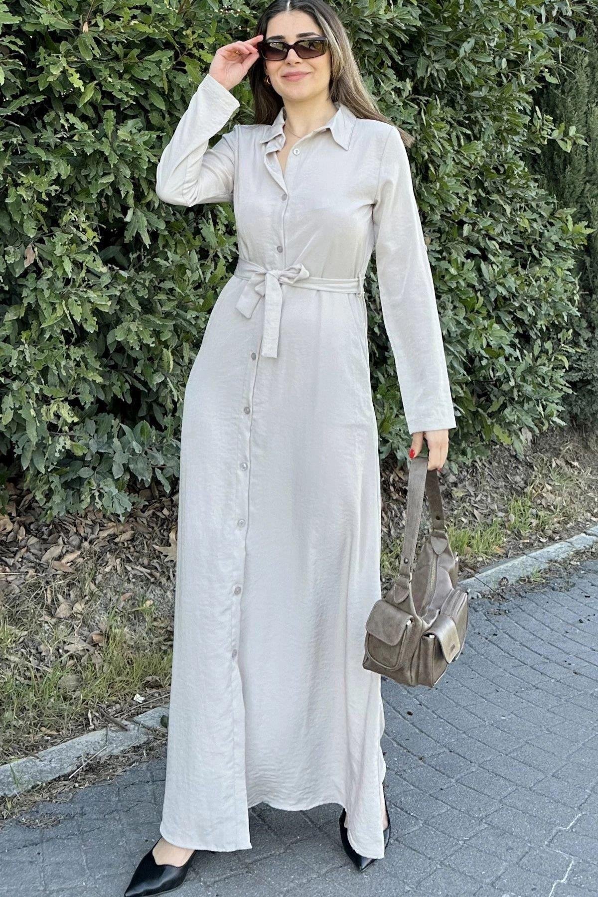 Kadın Bej Uzun Elbise - 700-3576