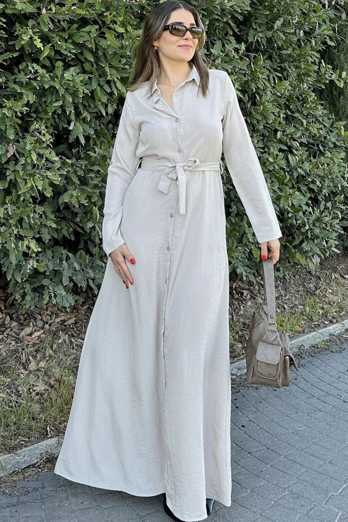 Kadın Bej Uzun Elbise - 700-3576