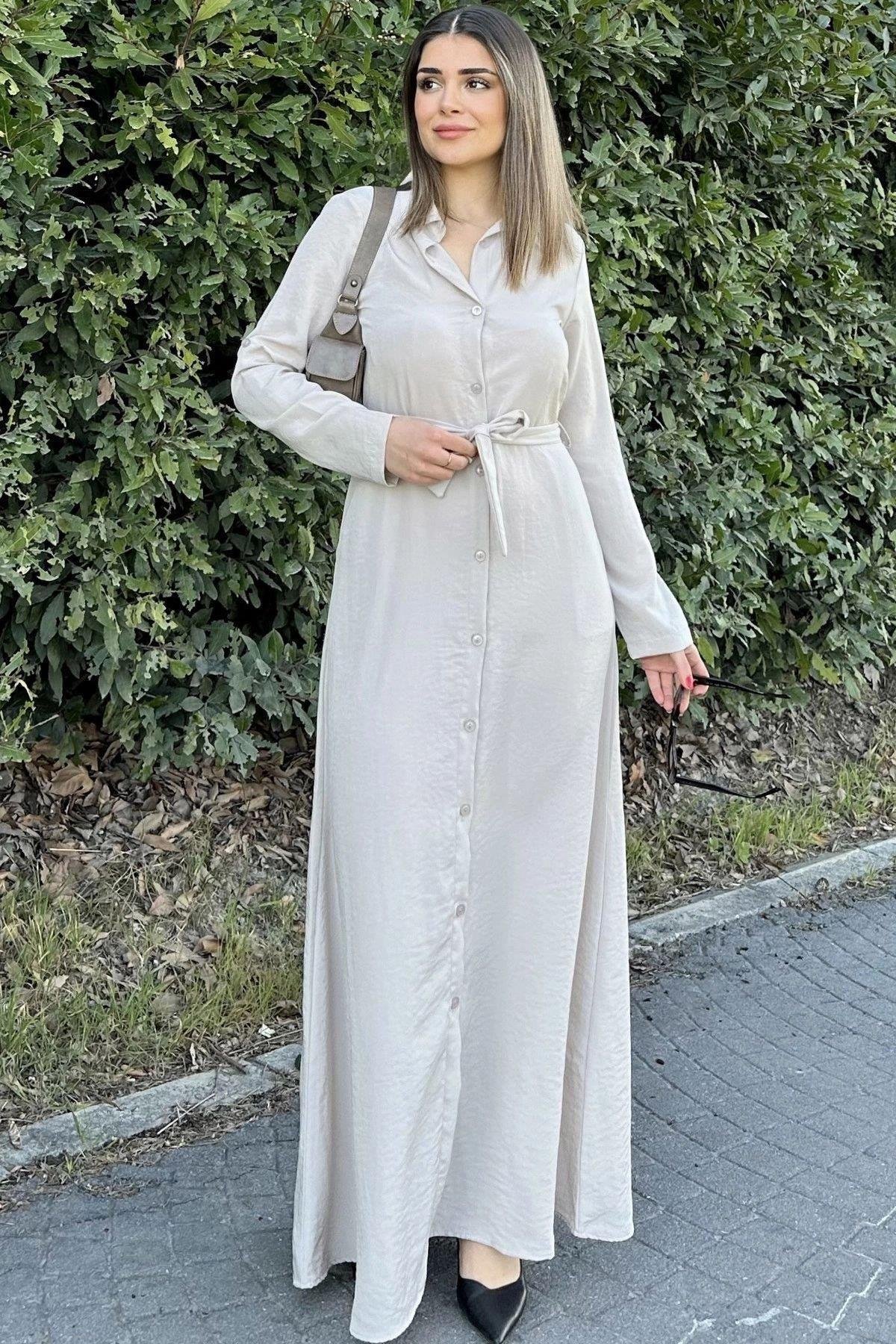 Kadın Bej Uzun Elbise - 700-3576