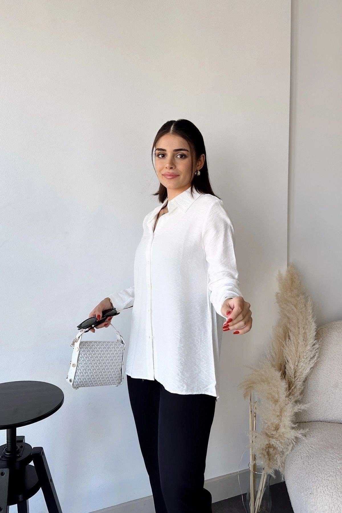 Kadın Beyaz Robalı Klasik Keten Gömlek - 700-3043