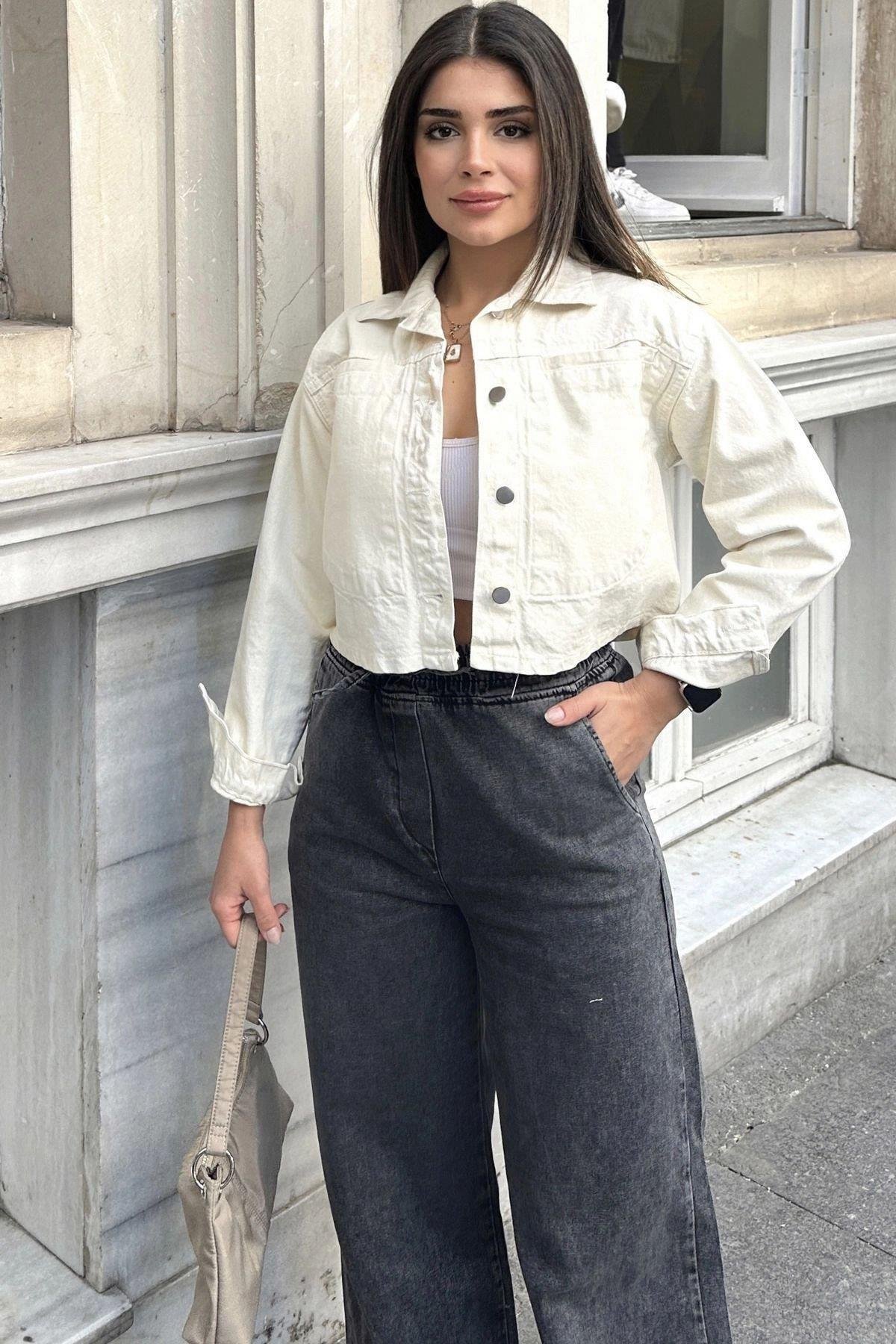 Kadın Ekru Crop Ceket - 700-KT-0091