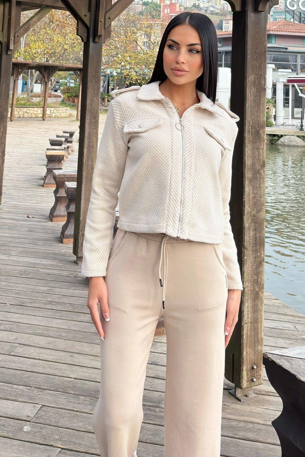 Kadın Ekru Kaşe Ceket - 700-3682