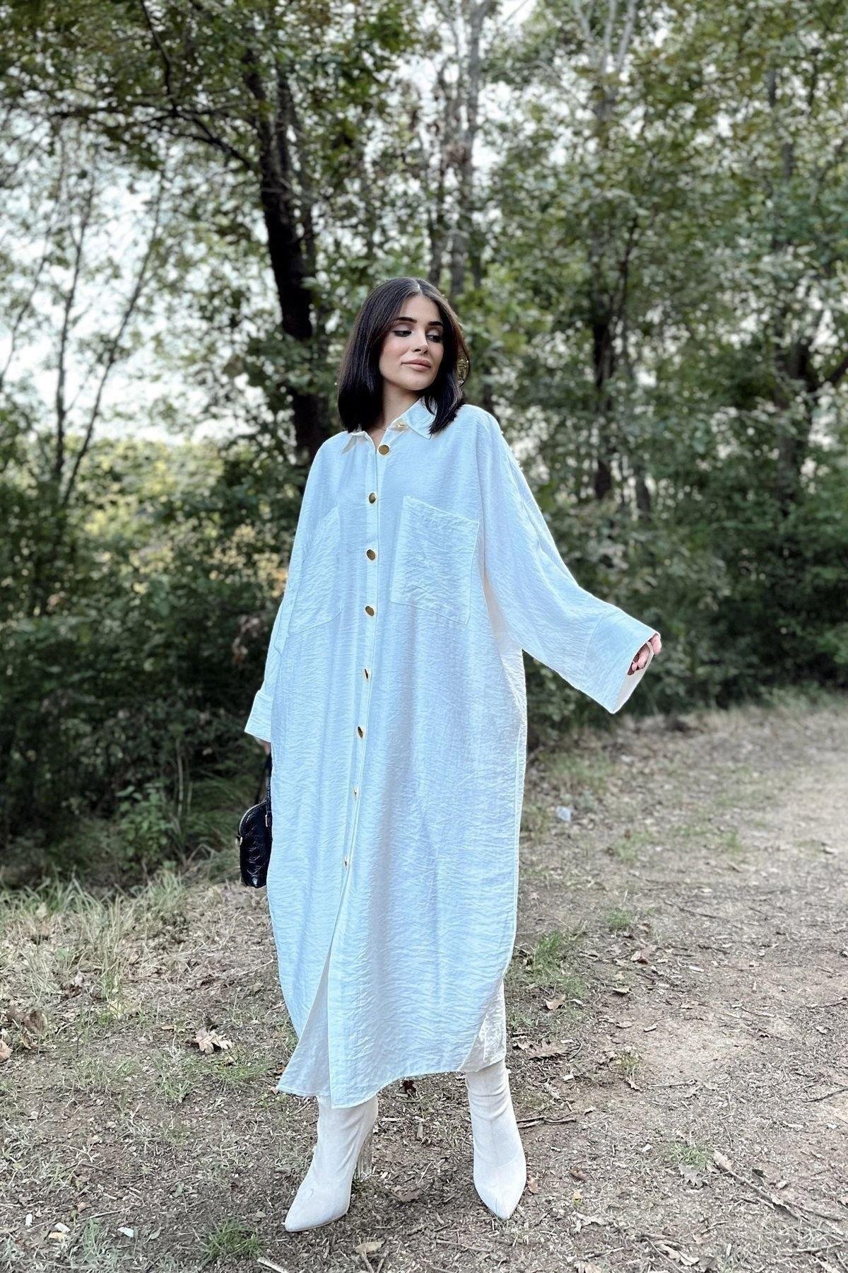 Kadın Ekru Oversıze Uzun Salaş Keten Gömlek Elbise - 700-3282