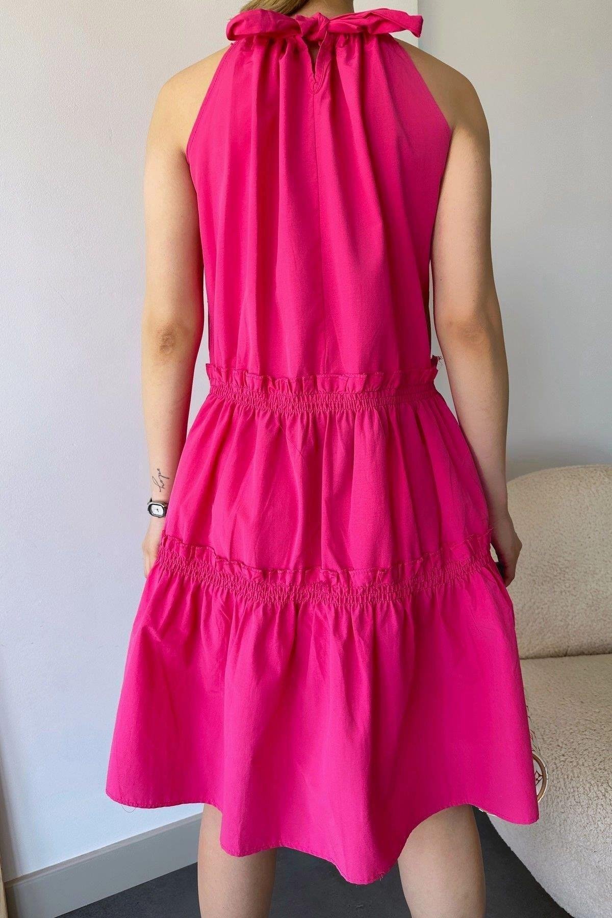 Kadın Fuşya Fırfırlı Kiloş Reglan Kol Elbise- 700-k7172