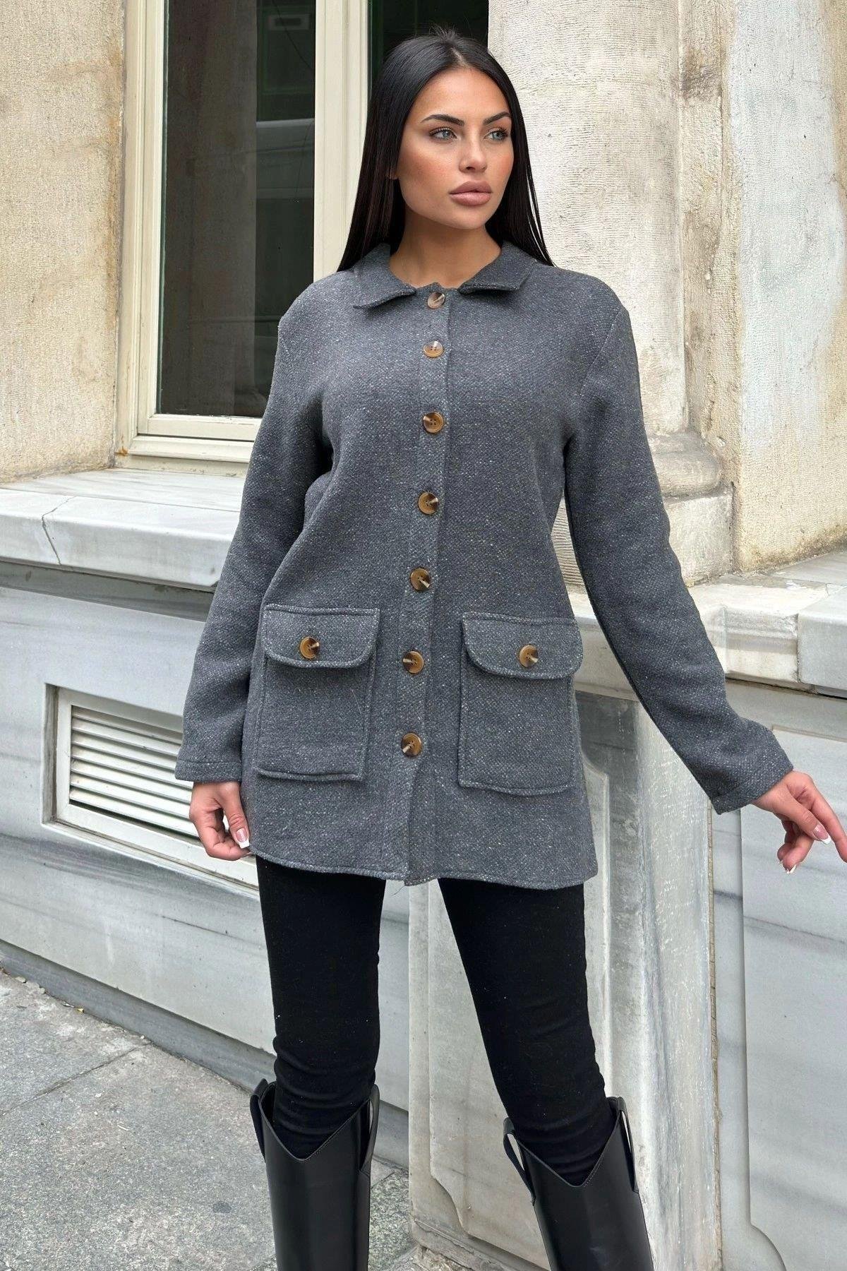 Kadın Gri Kaşe Ceket - 700-3683