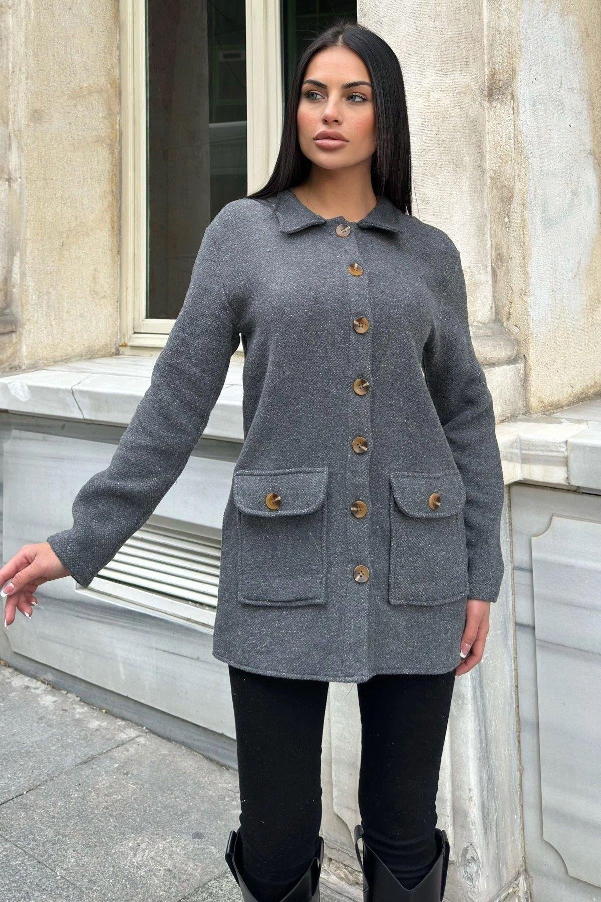 Kadın Gri Kaşe Ceket - 700-3683