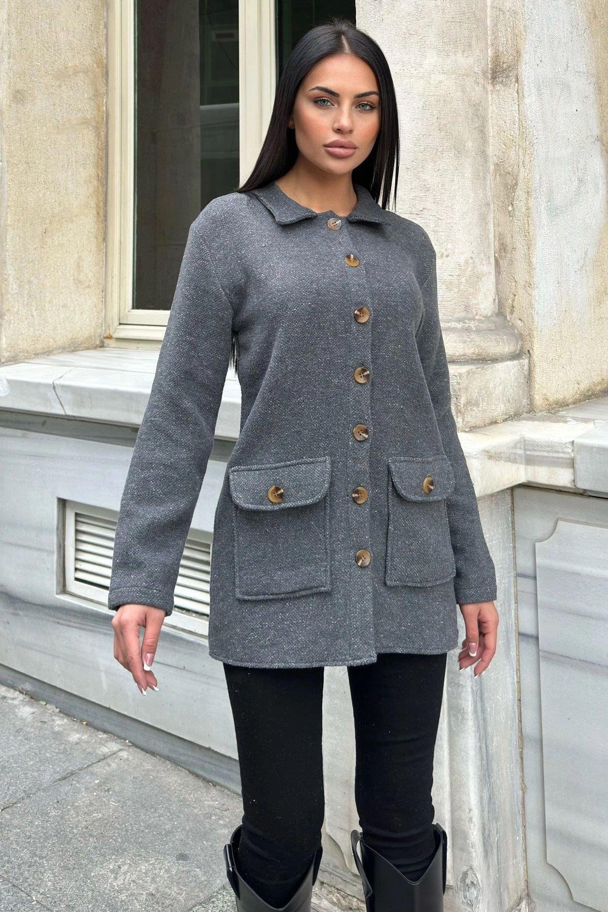 Kadın Gri Kaşe Ceket - 700-3683