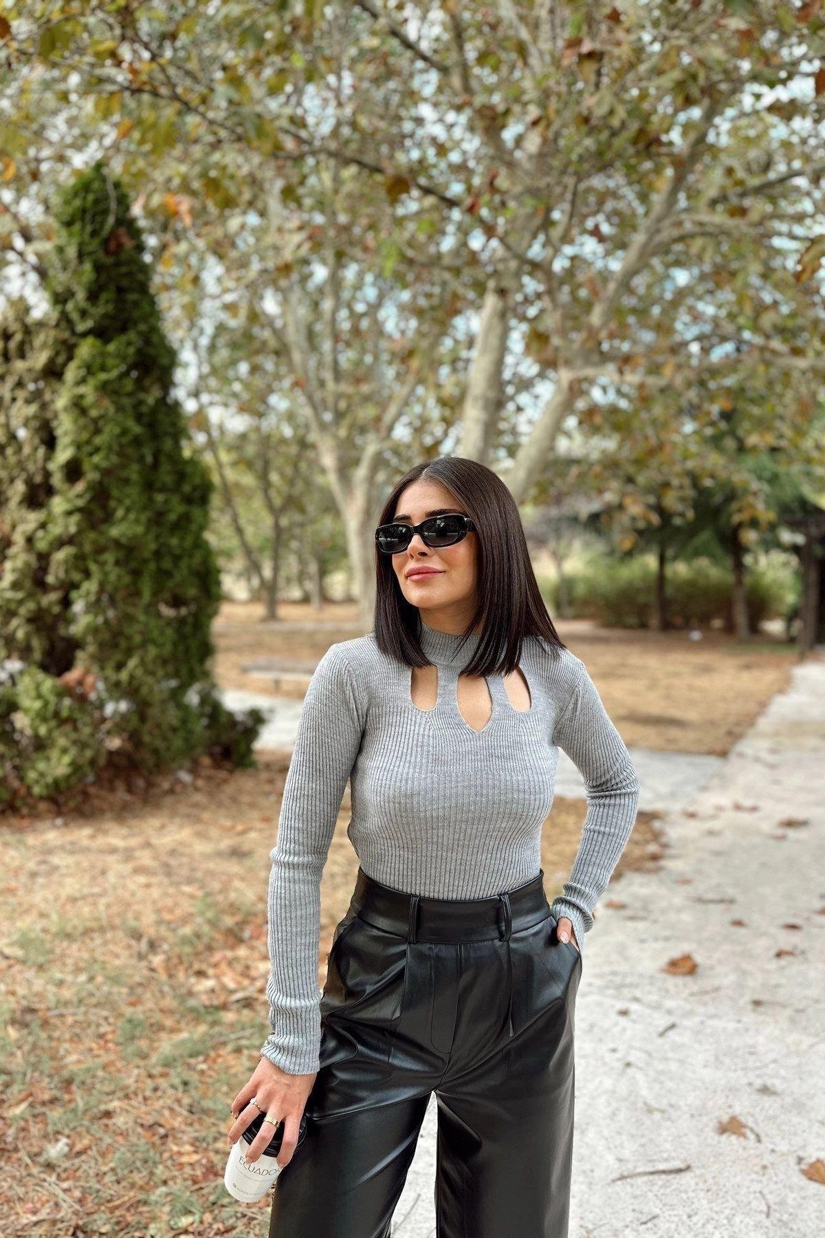 Kadın Gri Triko Bluz - 700-K7522