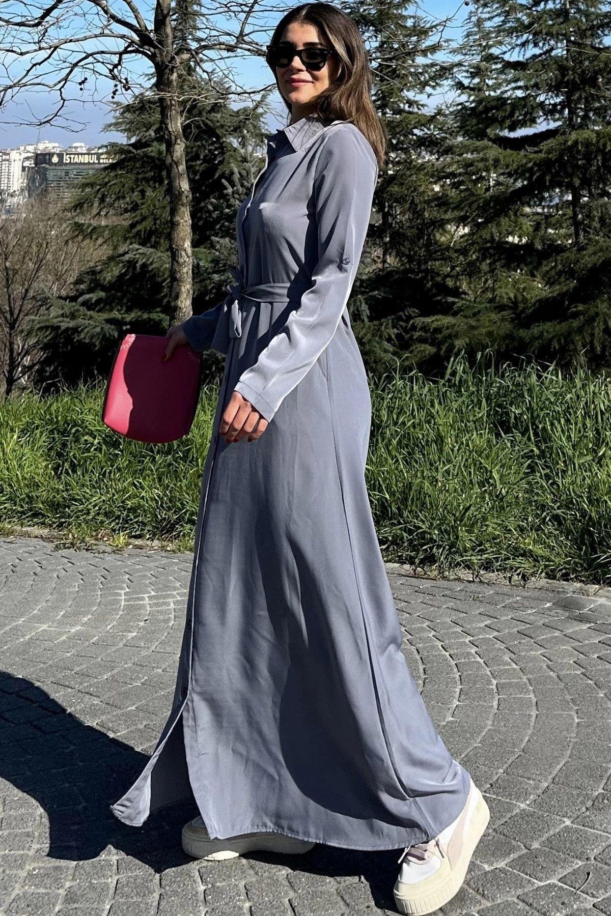 Kadın Gri Uzun Elbise - 700-3576