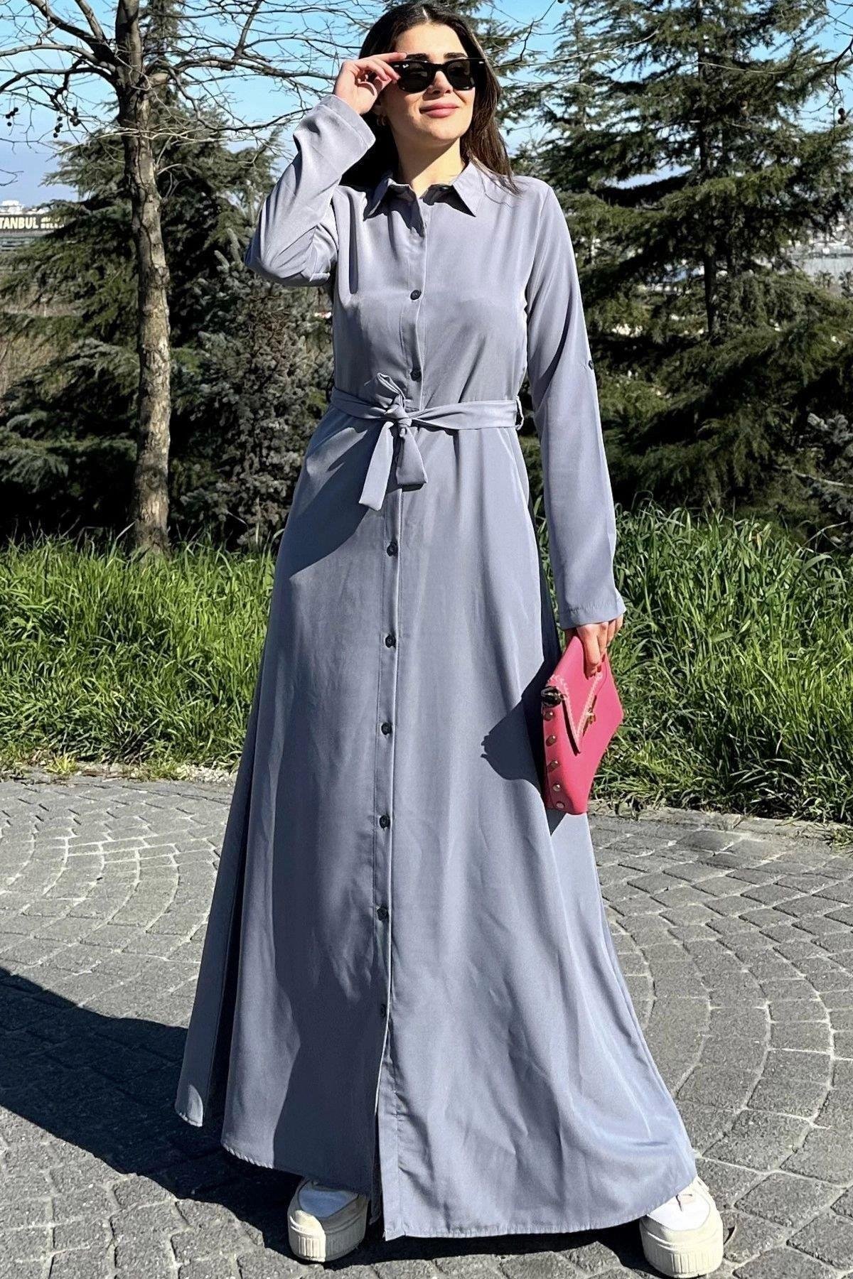 Kadın Gri Uzun Elbise - 700-3576