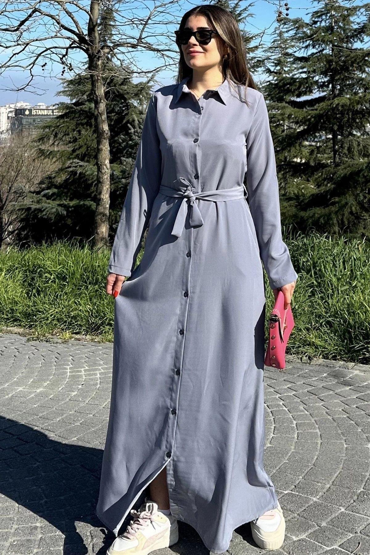 Kadın Gri Uzun Elbise - 700-3576