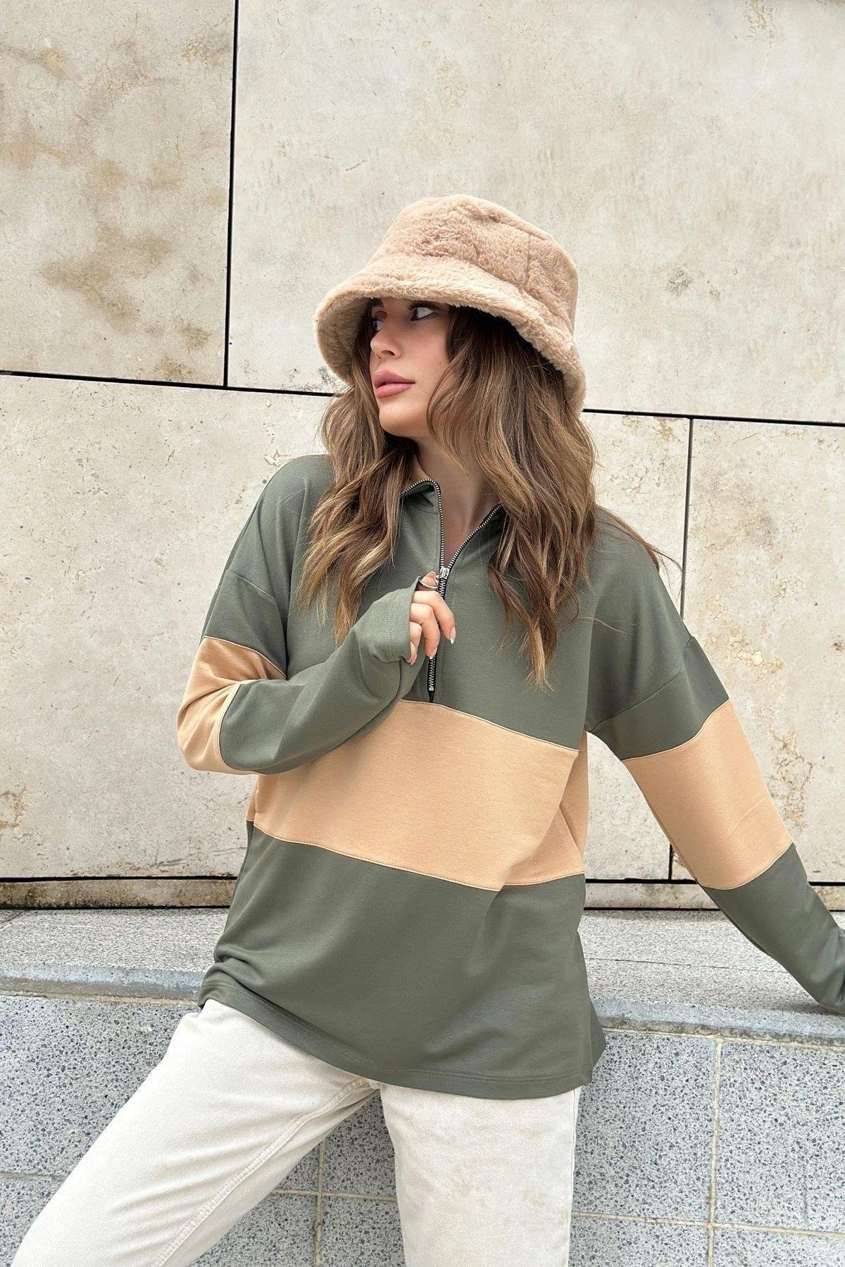 Kadın Haki Sweatshirt - 700-3471
