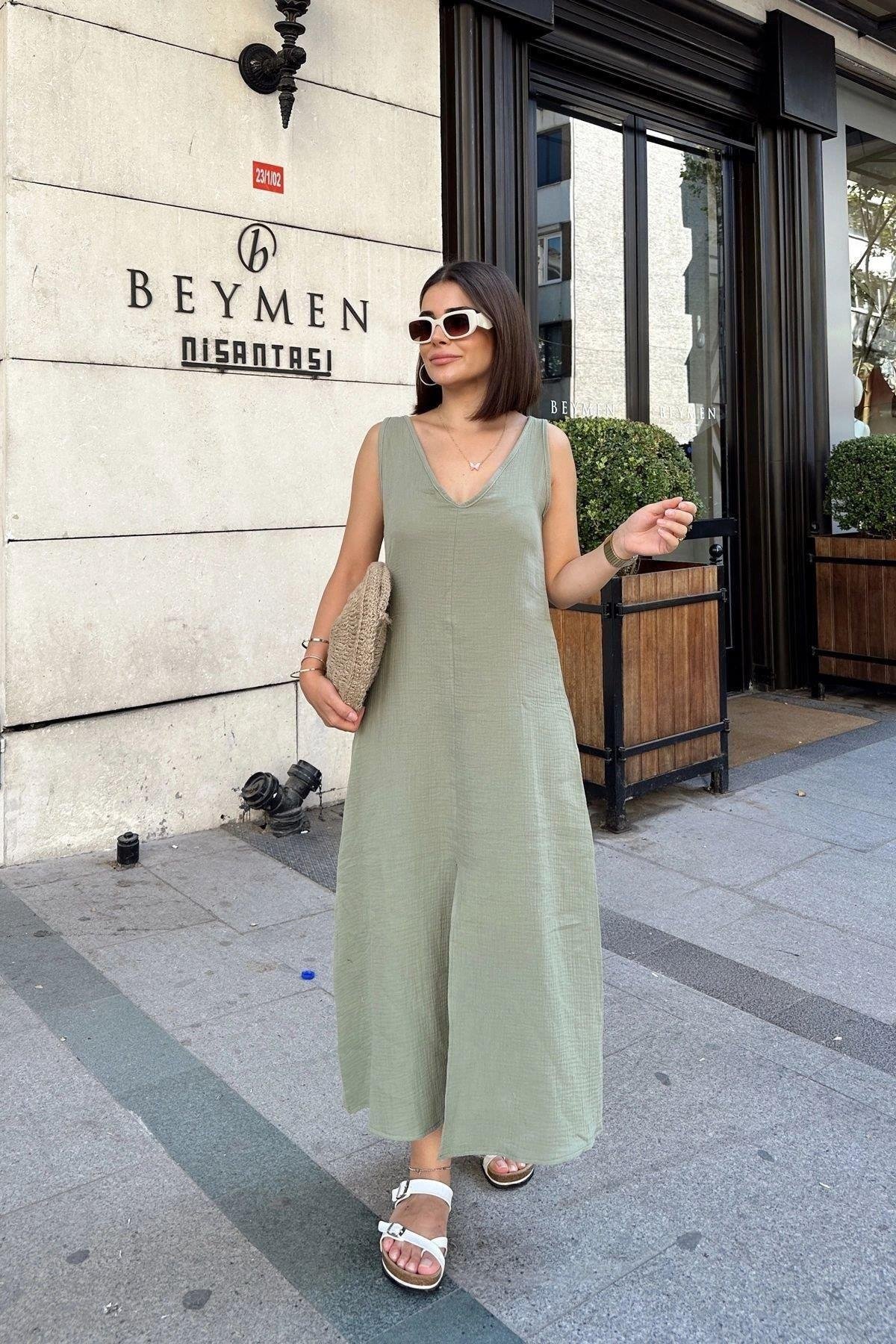 Kadın Haki Yırtmaçlı V Yaka Müslin Elbise- 700-3419