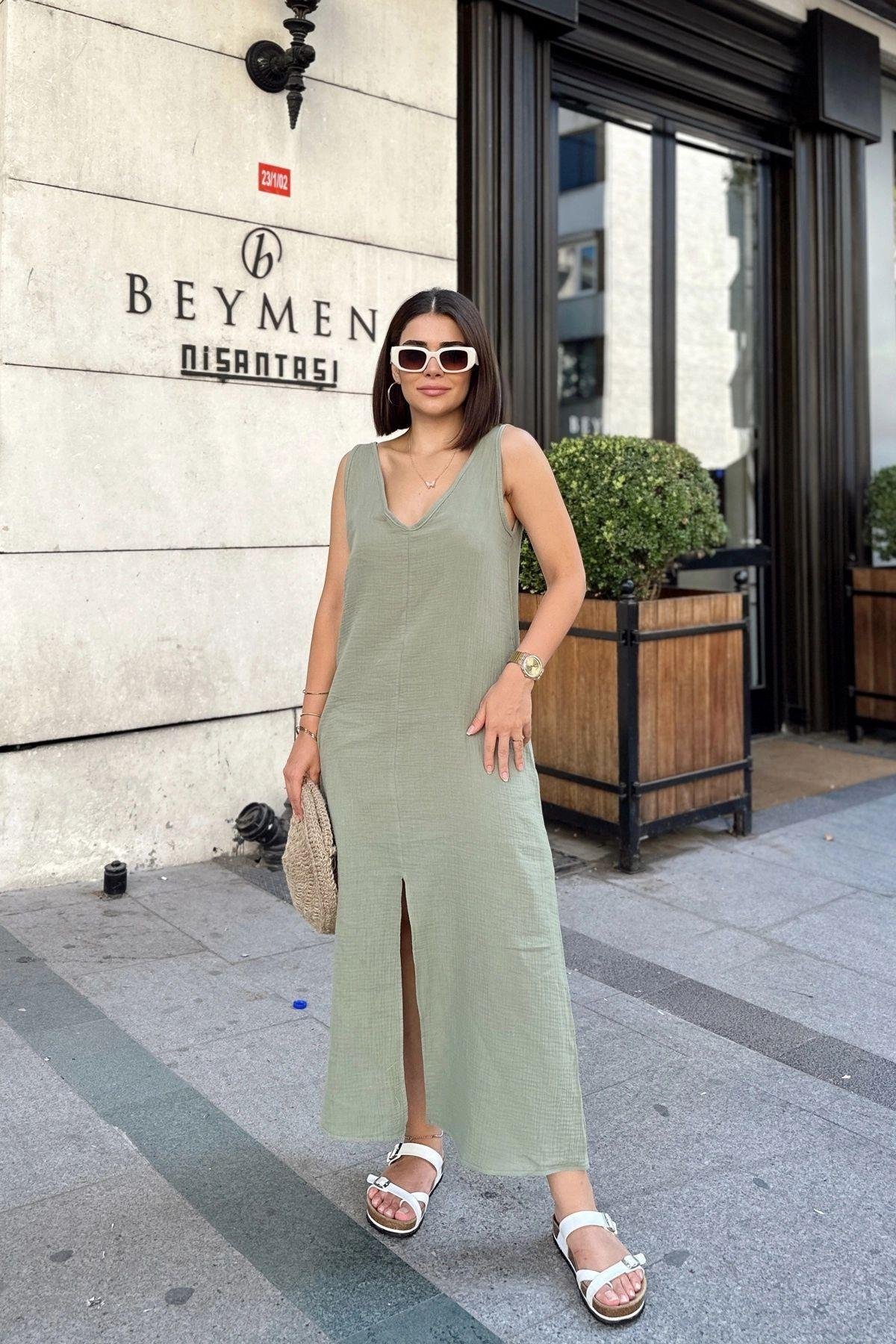 Kadın Haki Yırtmaçlı V Yaka Müslin Elbise- 700-3419