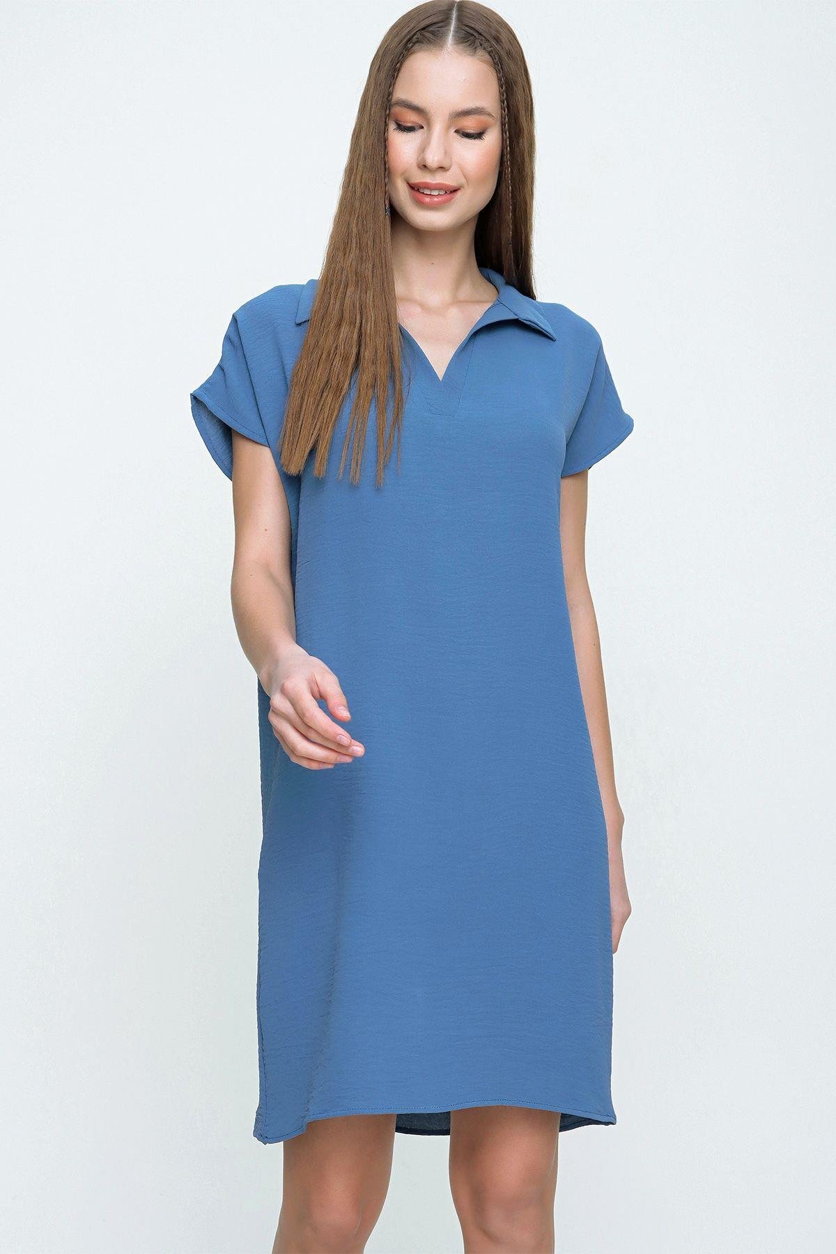 Kadın Indigo Midi Boy Polo Yaka Aerobin Elbise- 700-2883
