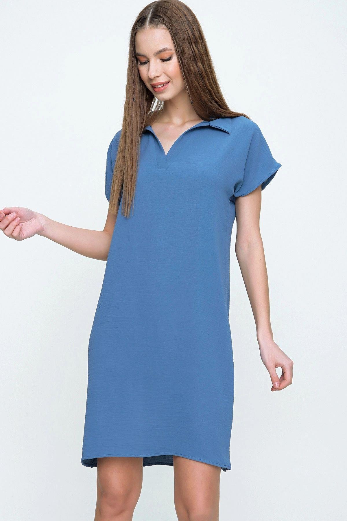 Kadın Indigo Midi Boy Polo Yaka Aerobin Elbise- 700-2883