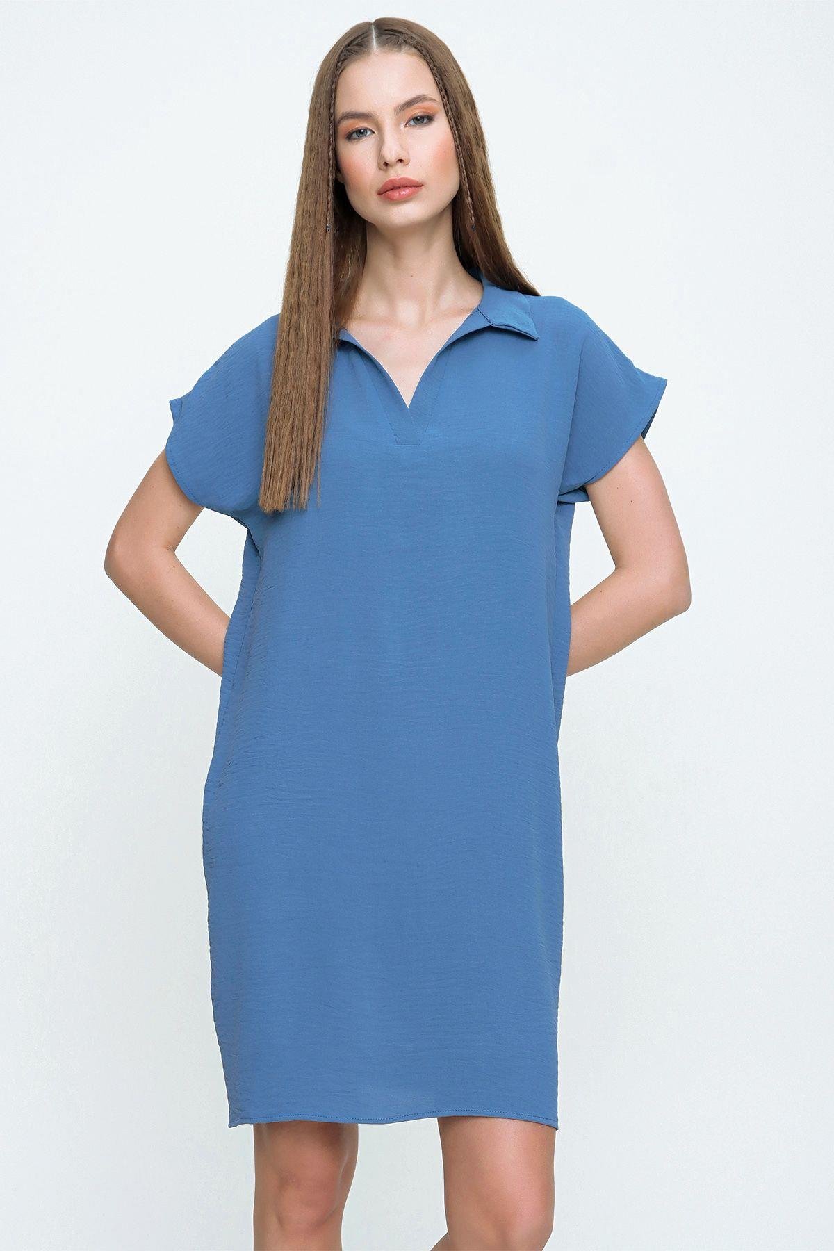 Kadın Indigo Midi Boy Polo Yaka Aerobin Elbise- 700-2883