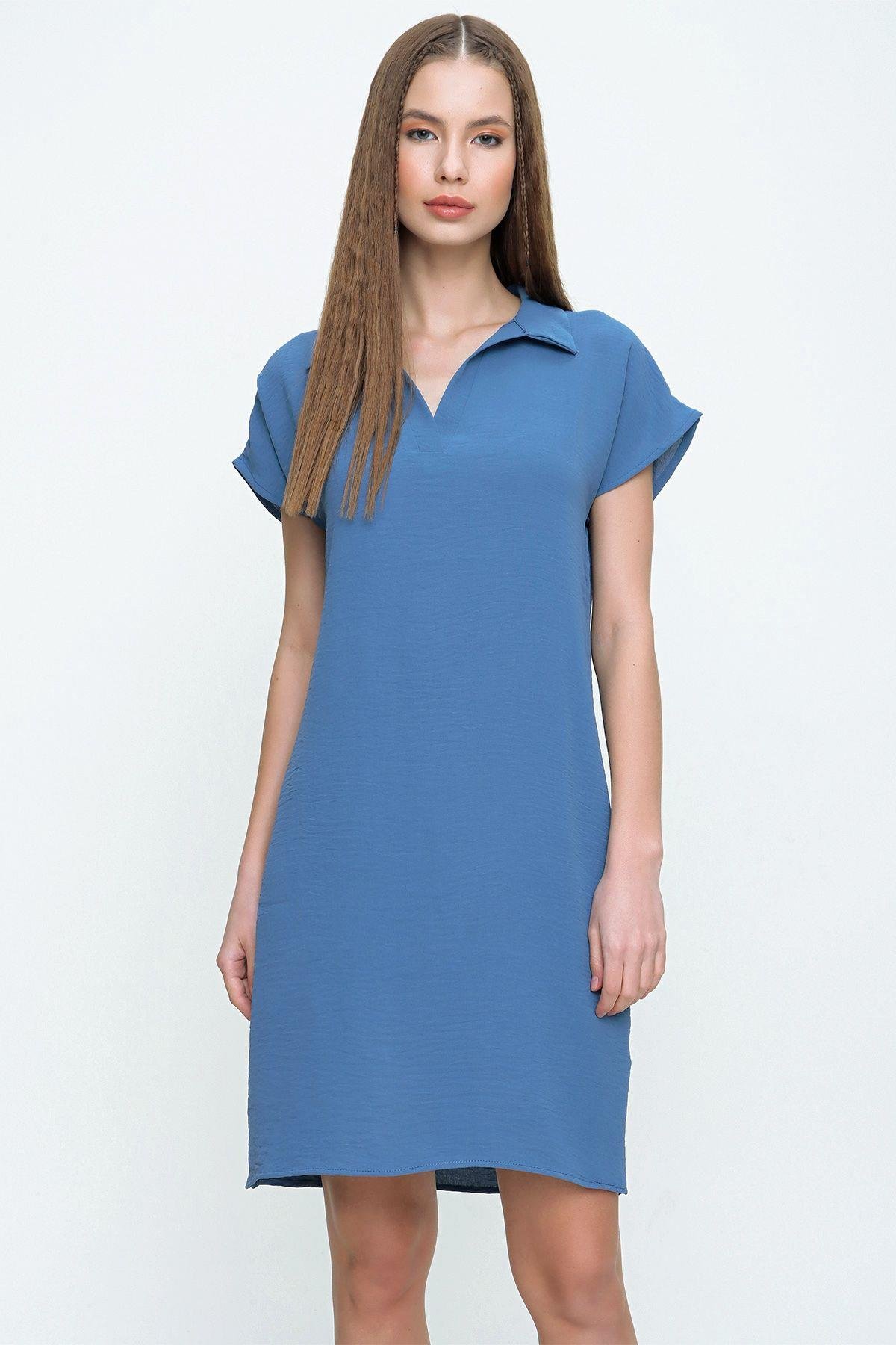 Kadın Indigo Midi Boy Polo Yaka Aerobin Elbise- 700-2883