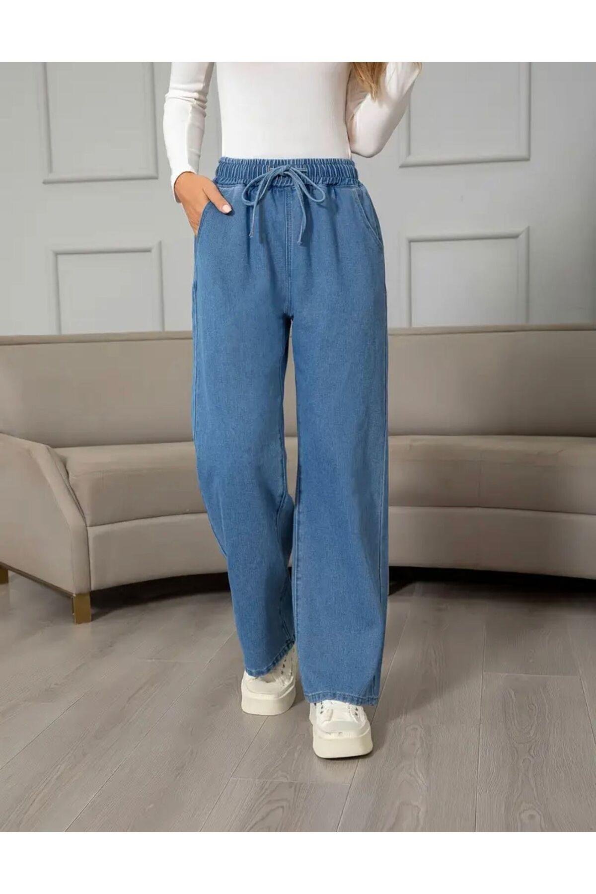 Kadın Mavi Beli Lastikli Bağcıklı Palazzo Kot Pantolon
