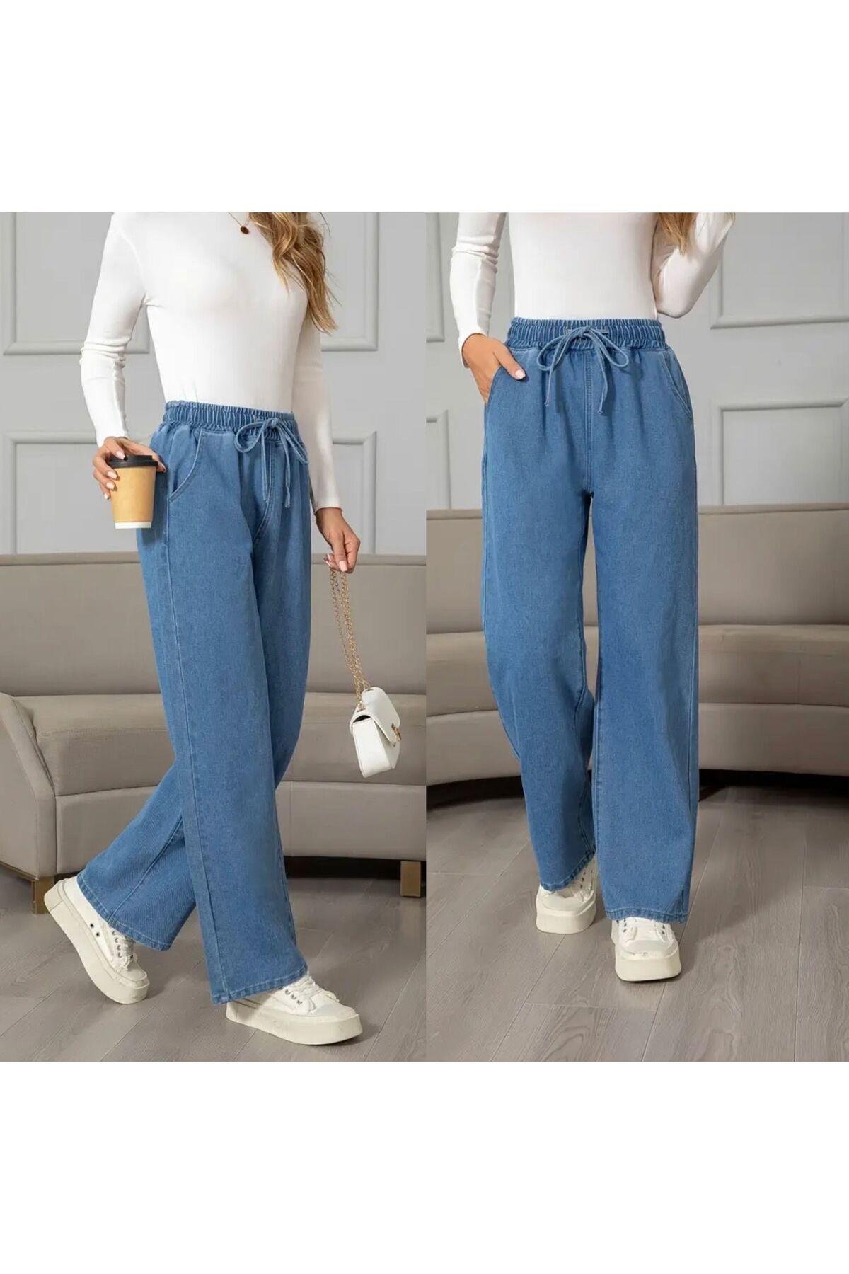 Kadın Mavi Beli Lastikli Bağcıklı Palazzo Kot Pantolon