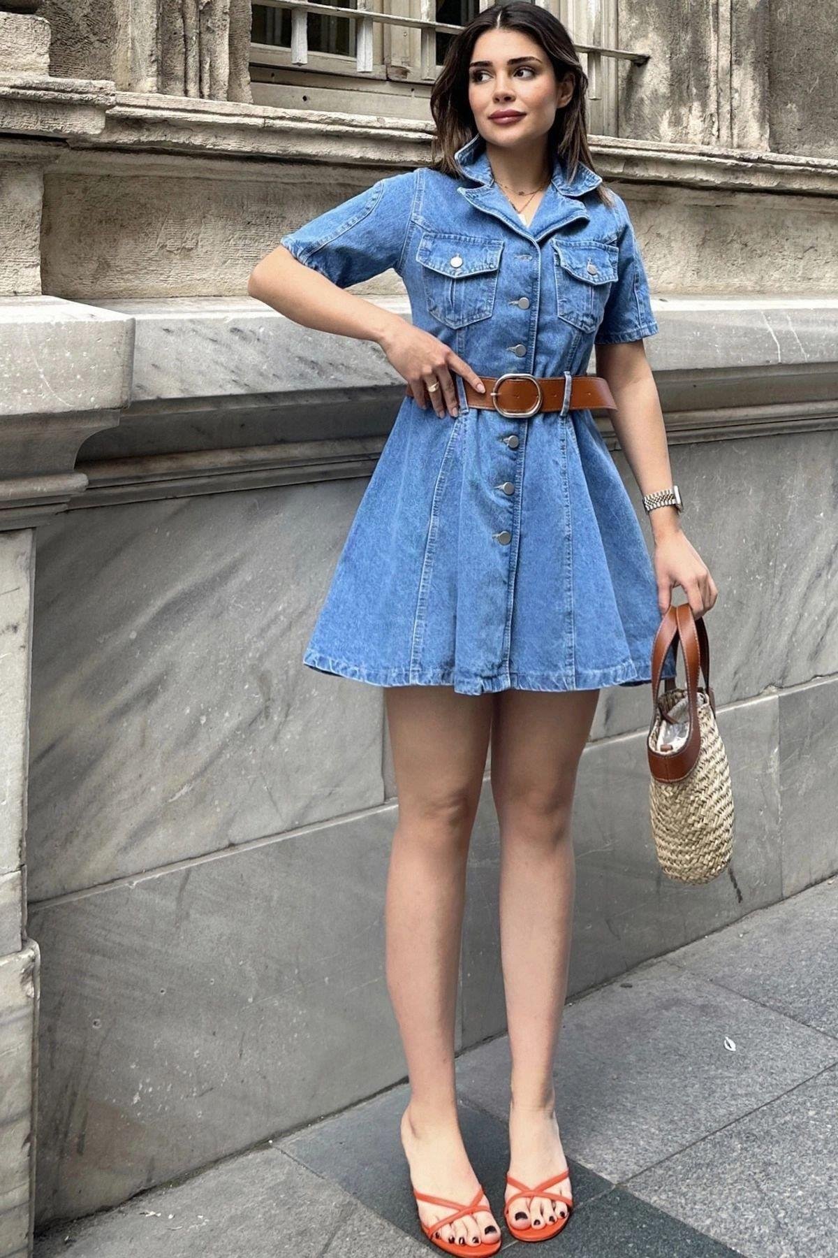 Kadın Mavi Mini Kot Jeans Gömlek Elbise - 700-kt-0090